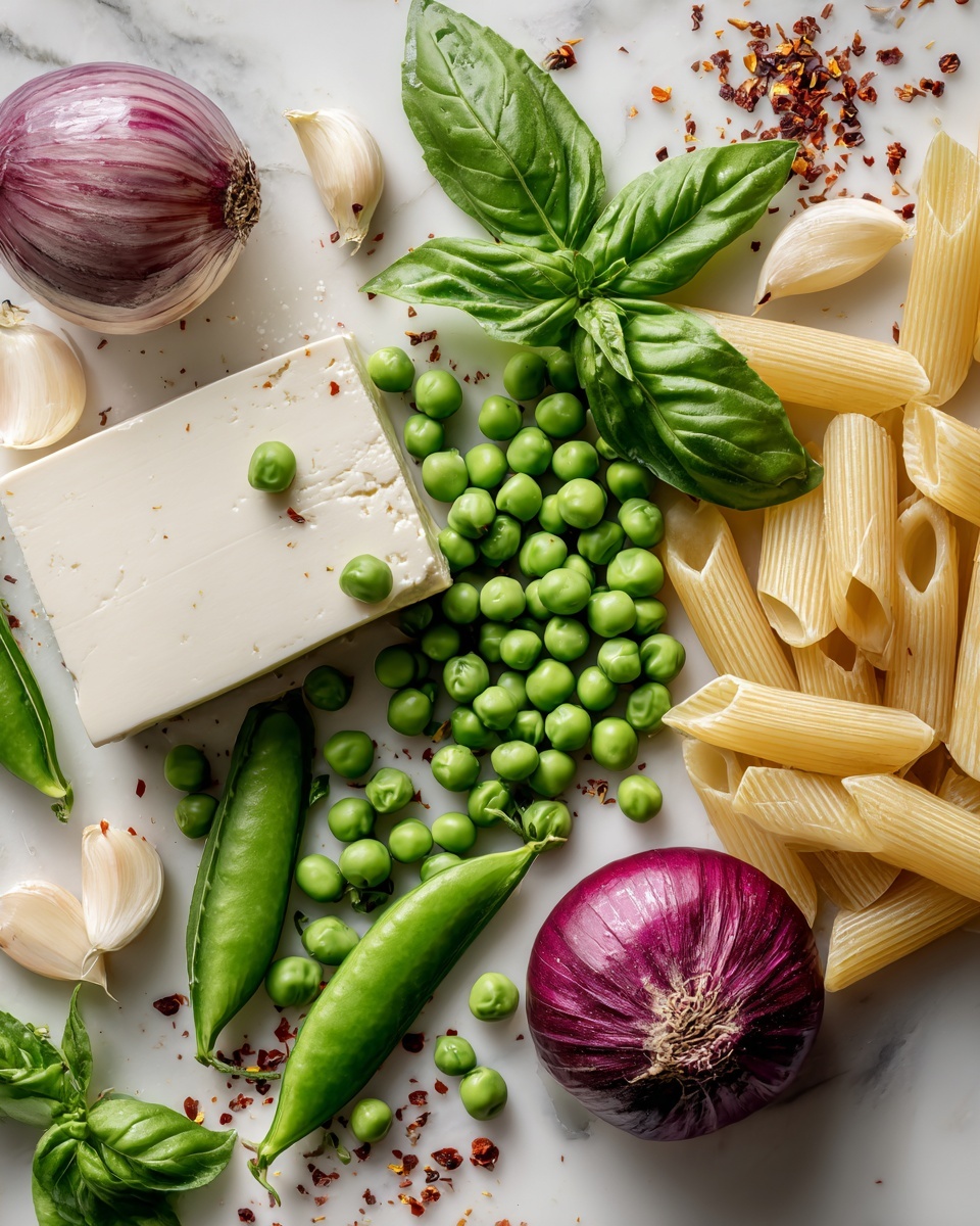 Green Pea Pasta with Basil and Tofu Cream Sauce, vegan pasta recipes, healthy pea pasta dish, dairy-free pasta sauce, easy vegetarian pasta - Flat lay of vibrant fresh green peas, bright green basil leaves, whole garlic cloves, a red onion quartered to show its layers, a smooth block of silken tofu, dried red pepper flakes sprinkled artistically, and a small pile of pale yellow uncooked pasta strands, all beautifully arranged in a balanced composition, placed on a white marble surface, photo taken with an iphone --ar 2:3 --v 7