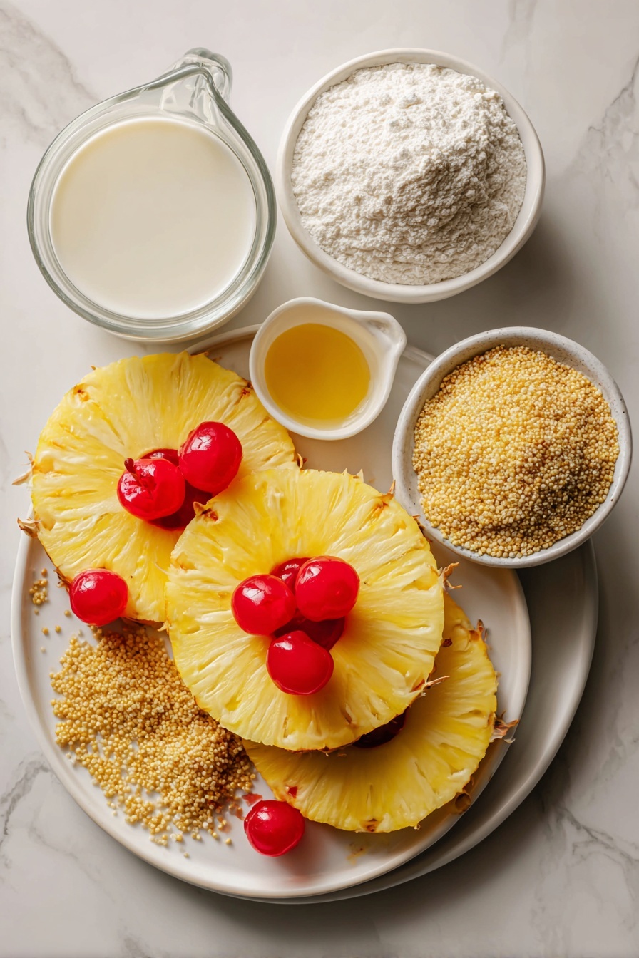 Vegan Pineapple Upside Down Cake, Vegan pineapple dessert, Tropical vegan cake, Eggless pineapple upside down cake, Vegan fruit cake - Flat lay of bright yellow pineapple slices arranged in a circle, vibrant red maraschino cherries nestled in the pineapple holes, golden brown sugar crystals sprinkled around, a small pile of golden flaxseed meal, soft off-white all-purpose flour mound, a glass jug of creamy plant-based milk, a small pool of light golden melted vegan butter, and a splash of clear vanilla extract, placed on a white marble surface, photo taken with an iphone --ar 2:3 --v 7