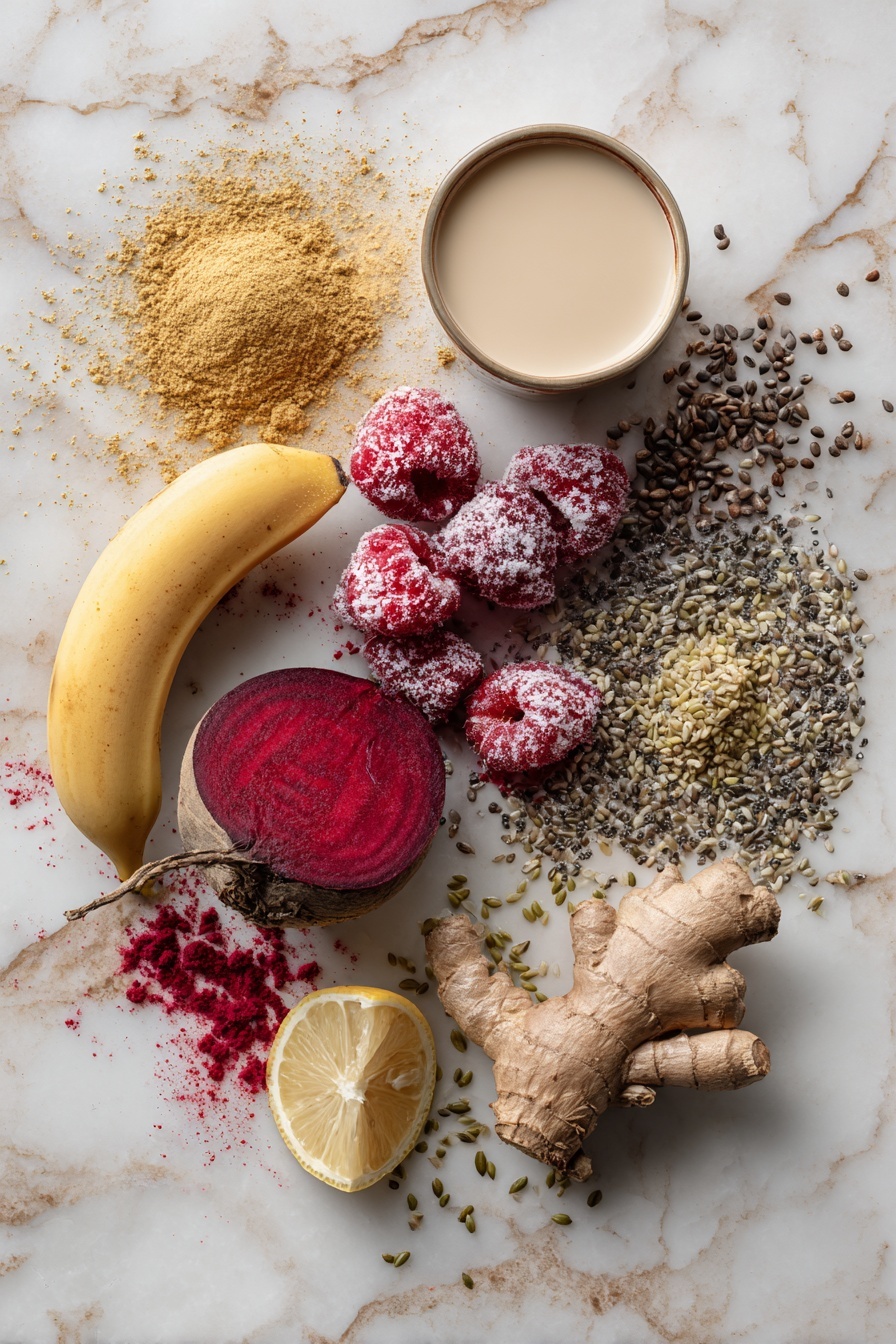 Banana Beet Smoothie, healthy smoothie with beets and bananas, nutritious beet smoothie recipe, vegan beet smoothie, energizing fruit and vegetable smoothie - Flat lay of a small raw beet with its deep red skin, a peeled ripe banana, vibrant frozen raspberries covered in frost, a small pile of golden maca root powder, a sprinkle of chia seeds, a scattering of hemp seeds, a wedge of fresh lemon, and a splash of creamy non-dairy milk all beautifully arranged in a harmonious layout placed on a white marble surface, photo taken with an iphone --ar 2:3 --v 7