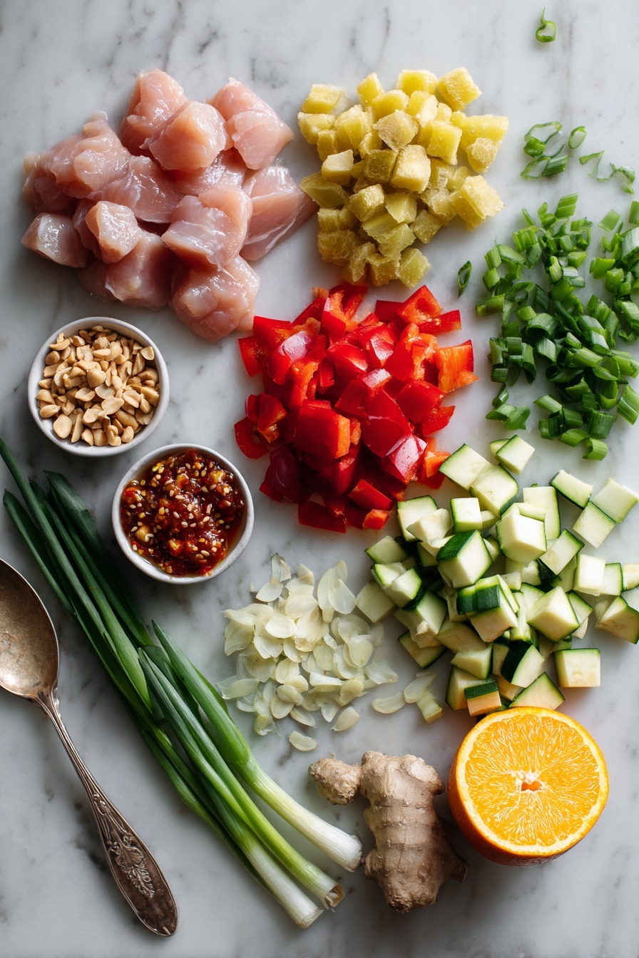 Kung Pao Chicken, Chinese stir-fry, spicy chicken recipe, easy weeknight dinner, Chinese takeout-inspired dishes - Flat lay of cubed raw chicken breast, bright red and green bell pepper squares, sliced zucchini pieces, chopped white onion, peeled garlic cloves, fresh grated ginger, whole orange with a wedge showing vibrant orange flesh, a small pile of roasted salted peanuts, and a spoonful of glossy chili crisp sauce, all beautifully arranged with fresh green onion slices and a sprinkle of white sesame seeds placed on a white marble surface, photo taken with an iphone --ar 2:3 --v 7