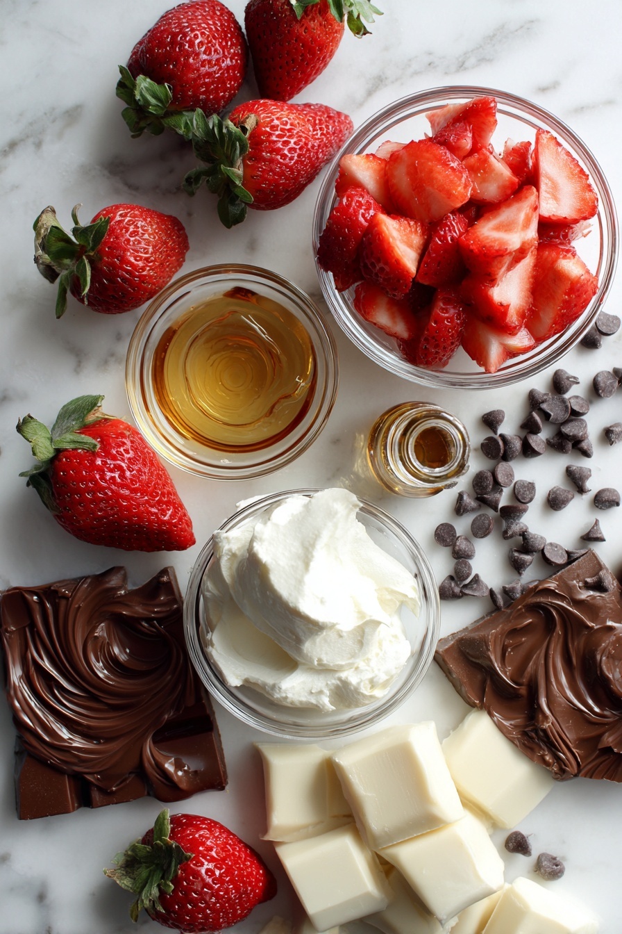 Chocolate Strawberry Yogurt Clusters, healthy fruit chocolate bites, no-bake Greek yogurt snacks, quick strawberry chocolate treats, easy freezer-friendly dessert - Flat lay of bright red chopped strawberries, creamy white plain Greek yogurt dollops, smooth golden honey drizzles, small glass vial of vanilla extract, glossy semi-sweet chocolate chips scattered, rich melted chocolate swirl, and smooth chunks of translucent coconut oil, all beautifully arranged on a white marble surface, photo taken with an iphone --ar 2:3 --v 7