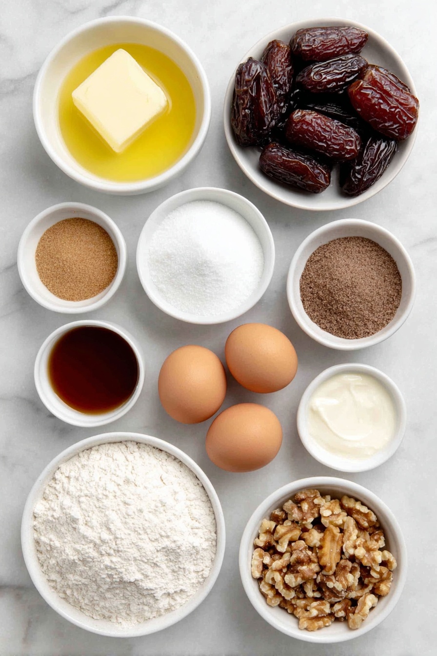 Sticky Toffee Pudding with Warm Toffee Sauce, how to make sticky toffee pudding, easy sticky toffee pudding recipe, best toffee pudding dessert, moist sticky toffee pudding - Flat lay of pitted medjool dates, a small white bowl of boiling water, a pat of room temperature butter, a small white bowl of light brown sugar, a small white bowl of molasses, two large whole clean eggs, a small white bowl of all-purpose flour, a small white bowl of baking powder, a small white bowl of baking soda, a small white bowl of salt, a small white bowl of heavy whipping cream, a small white bowl of chopped walnuts, all arranged symmetrically with perfect proportions on a clean white marble surface, soft natural light, photo taken with an iPhone, professional food photography style, fresh ingredients, white ceramic bowls, no bottles, no duplicates, no utensils, no packaging --ar 2:3 --v 7 --p awthu7i m7354615311229779997