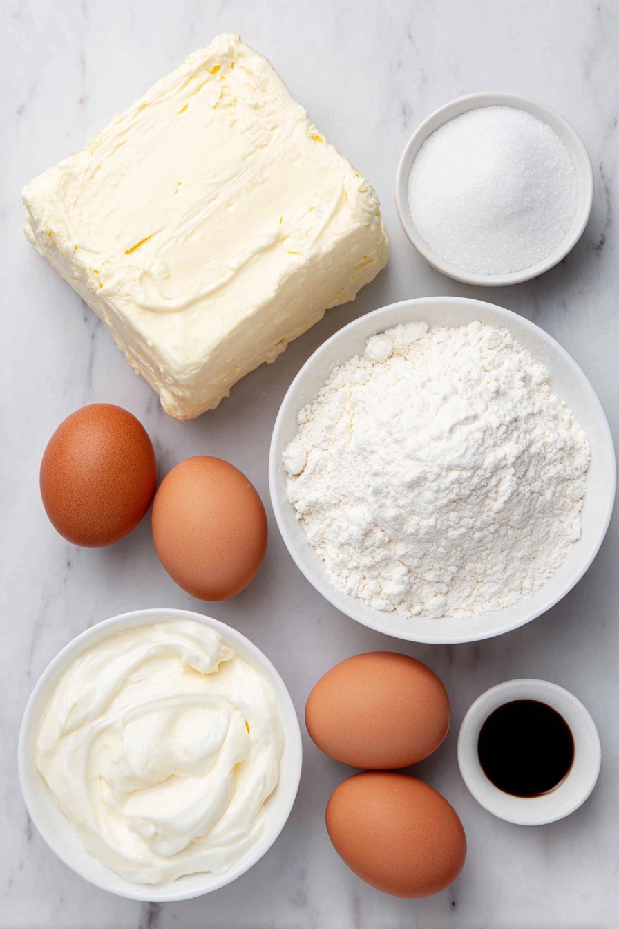 Loaf Pan Basque Cheesecake, Basque cheesecake in loaf pan, easy Basque cheesecake recipe, caramelized cheesecake, creamy baked cheesecake - Flat lay of a large block of fresh cream cheese with smooth texture, a small mound of granulated sugar, four large whole brown eggs with clean shells, a small white ceramic bowl filled with thick heavy cream, a small white ceramic bowl containing pure vanilla extract, a small pinch of fine salt crystals, and a small white ceramic bowl of sifted all-purpose flour, all arranged symmetrically and naturally on a clean white marble surface, soft natural light, photo taken with an iPhone, professional food photography style, fresh ingredients, white ceramic bowls, no bottles, no duplicates, no utensils, no packaging --ar 2:3 --v 7 --p awthu7i m7354615311229779997