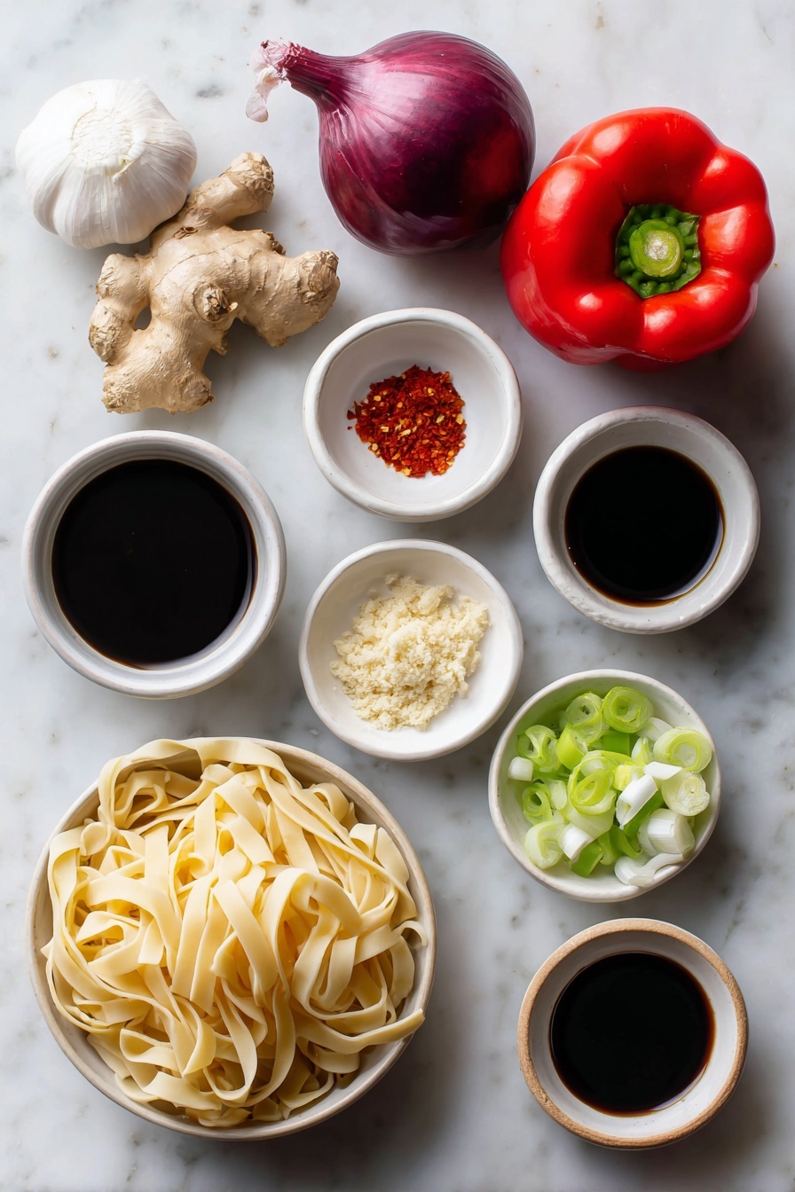 Spicy Chili Garlic Noodles, chili garlic noodle dish, spicy Asian noodles, quick garlic noodle recipe, fiery stir-fry noodles - Flat lay of wide rice noodles loosely coiled, a few whole shallots with purplish skins, several uncracked brown garlic cloves, a small bunch of white parts of scallions neatly chopped, a piece of fresh ginger root with skin and a small pile of freshly grated ginger, small white ceramic bowls containing olive oil, low sodium soy sauce, chili garlic sauce, sriracha, rice vinegar, toasted sesame oil, a small heap of brown sugar, a tiny pile of red pepper flakes, and a fresh whole red bell pepper halved to show interior seeds, all arranged with perfect symmetry on a clean white marble surface, soft natural light, photo taken with an iPhone, professional food photography style, fresh ingredients, white ceramic bowls, no bottles, no duplicates, no utensils, no packaging --ar 2:3 --v 7 --p awthu7i m7354615311229779997
