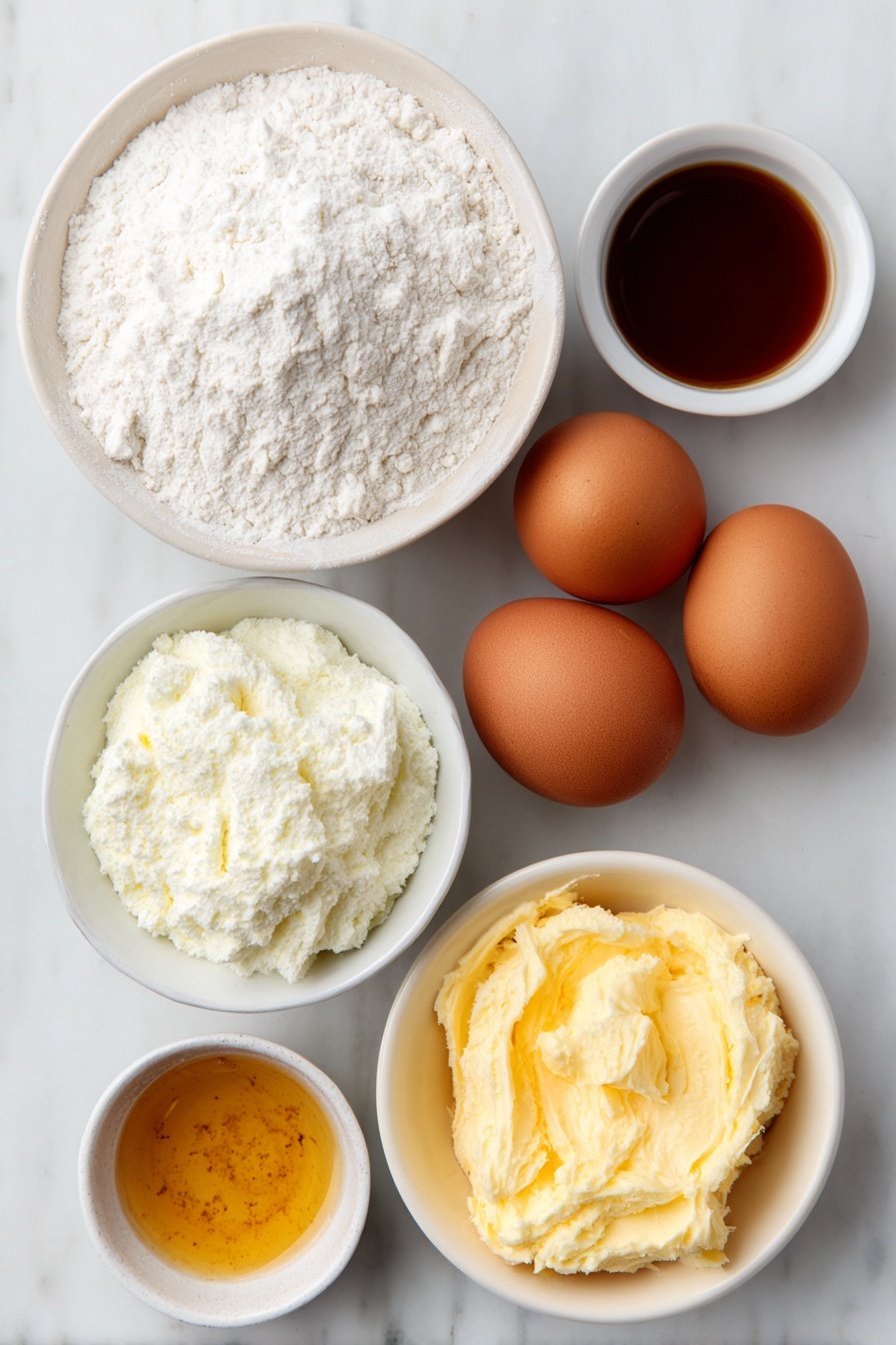 Keto Protein Crepes, low-carb breakfast ideas, high-protein keto breakfast, keto-friendly pancake alternatives, quick keto breakfast - Flat lay of two whole brown eggs with clean shells, a small white ceramic bowl of white whey protein powder, a small white ceramic bowl of vanilla extract, a small white ceramic bowl of powdered sweetener, a small white ceramic bowl with melted golden butter, placed on a clean white marble surface, soft natural light, photo taken with an iPhone, professional food photography style, fresh ingredients, white ceramic bowls, no bottles, no duplicates, no utensils, no packaging --ar 2:3 --v 7 --p awthu7i m7354615311229779997