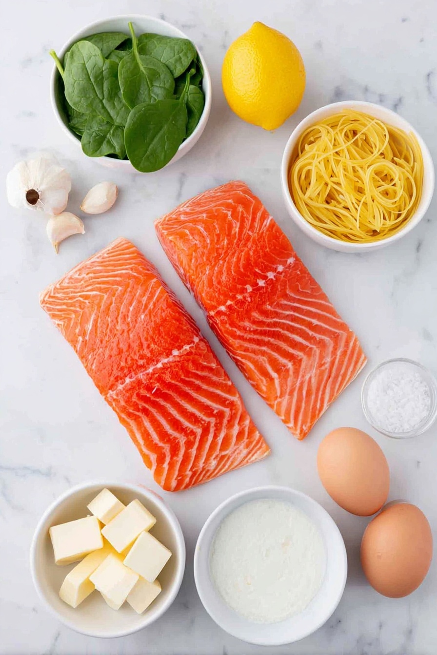 Creamy Salmon Pasta with Spinach, Salmon pasta recipe, easy salmon pasta, quick salmon pasta dish, healthy seafood pasta - Flat lay of two fresh pink salmon fillets with skin visible, a small pile of green baby spinach leaves, several bright yellow lemon wedges, three whole garlic cloves with papery skins intact, a small heap of capers, a few sprigs of fresh lemon zest strands, a small mound of uncooked pale golden linguine pasta, a simple white ceramic bowl filled with smooth heavy cream, another small white bowl containing clear dry white wine, a small white bowl with unsalted butter cubes, two whole uncracked brown eggs, all arranged symmetrically on a clean white marble surface, soft natural light, photo taken with an iPhone, professional food photography style, fresh ingredients, white ceramic bowls, no bottles, no duplicates, no utensils, no packaging --ar 2:3 --v 7 --p awthu7i m7354615311229779997