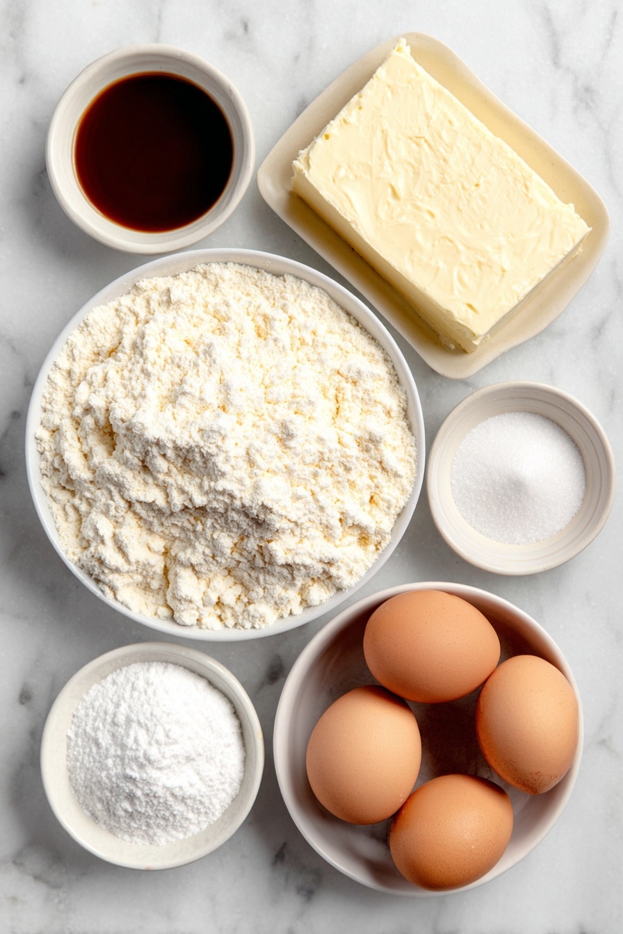Gooey Butter Cake, Gooey Butter Cake Recipe, Midwestern Dessert, Easy Butter Cake, Warm Sweet Cake - Flat lay of a small pile of bright yellow cake mix powder, two whole brown eggs with clean shells, a small white bowl of melted golden butter, a small white bowl of clear vanilla extract, a block of fresh cream cheese with a smooth surface, another two whole brown eggs with clean shells, a small white bowl of confectioners sugar, all arranged with perfect symmetry and natural colors, placed on a clean white marble surface, soft natural light, photo taken with an iPhone, professional food photography style, fresh ingredients, white ceramic bowls, no bottles, no duplicates, no utensils, no packaging --ar 2:3 --v 7 --p awthu7i m7354615311229779997