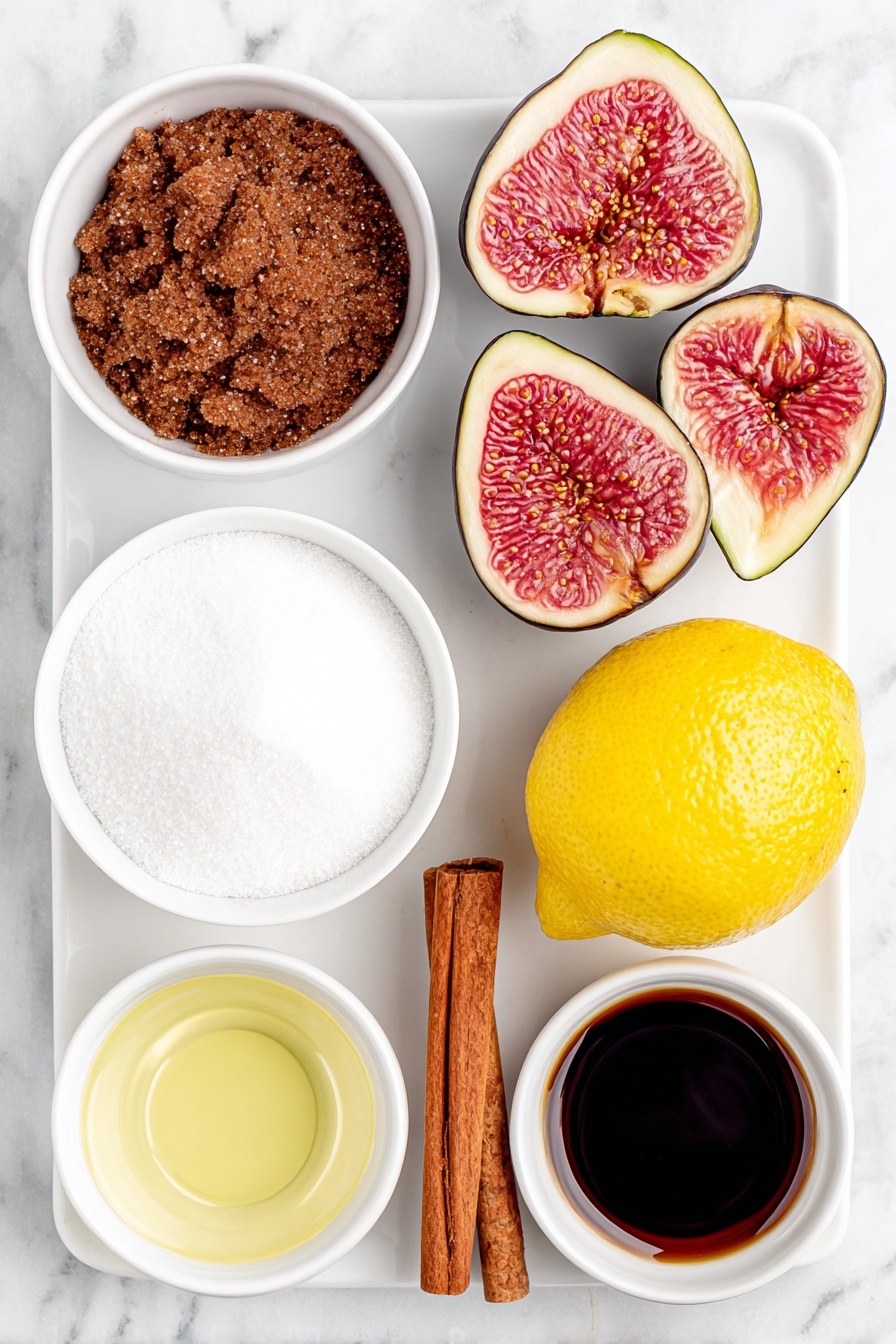 Easy Fig Chutney, fig chutney recipe, homemade fig chutney, sweet and tangy condiment, fruit chutney for cheese boards - Flat lay of fresh whole figs halved showing deep purple skin and pink flesh, a small white ceramic bowl filled with dark brown soft packed brown sugar, a small white ceramic bowl of clear water, a small white ceramic bowl of dark glossy balsamic vinegar, a small white ceramic bowl with fresh bright yellow lemon juice, and a single cinnamon stick with reddish brown bark placed next to a small pile of ground cinnamon powder on a simple white ceramic plate, all ingredients arranged in perfect symmetry, placed on a clean white marble surface, soft natural light, photo taken with an iPhone, professional food photography style, fresh ingredients, white ceramic bowls, no bottles, no duplicates, no utensils, no packaging --ar 2:3 --v 7 --p awthu7i m7354615311229779997