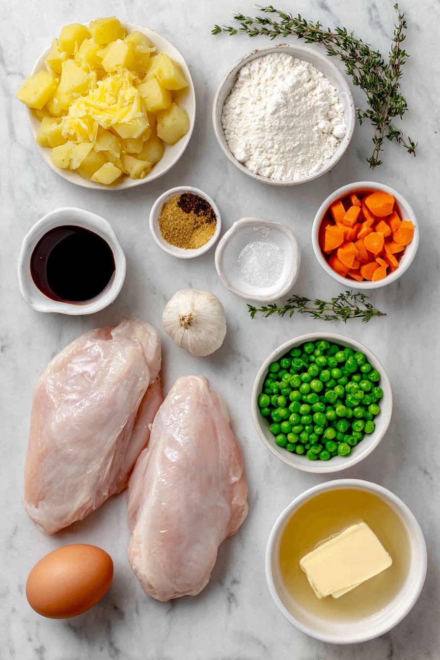 Easy Chicken Pot Pie with Puff Pastry, chicken pot pie recipes, homemade chicken pot pie, flaky puff pastry chicken pie, comforting chicken dinner - Flat lay of two small boneless skinless chicken breasts, a small yellow onion diced, two ribs celery diced, a cup of diced carrots, three whole uncracked garlic cloves, a few sprigs of fresh thyme and rosemary, a small white ceramic bowl with dried mustard powder, another small white ceramic bowl with onion powder, a small white ceramic bowl with soy sauce, a small white ceramic bowl with all-purpose flour, a small white ceramic bowl with half and half, a single Yukon gold potato cut into chunks, a small white ceramic bowl with frozen green peas, a whole uncracked brown egg, a small white ceramic bowl with milk, four tablespoons of butter placed as small pats, and a small white ceramic bowl filled with chicken broth, all arranged symmetrically on a clean white marble surface, soft natural light, photo taken with an iPhone, professional food photography style, fresh ingredients, white ceramic bowls, no bottles, no duplicates, no utensils, no packaging --ar 2:3 --v 7 --p awthu7i m7354615311229779997