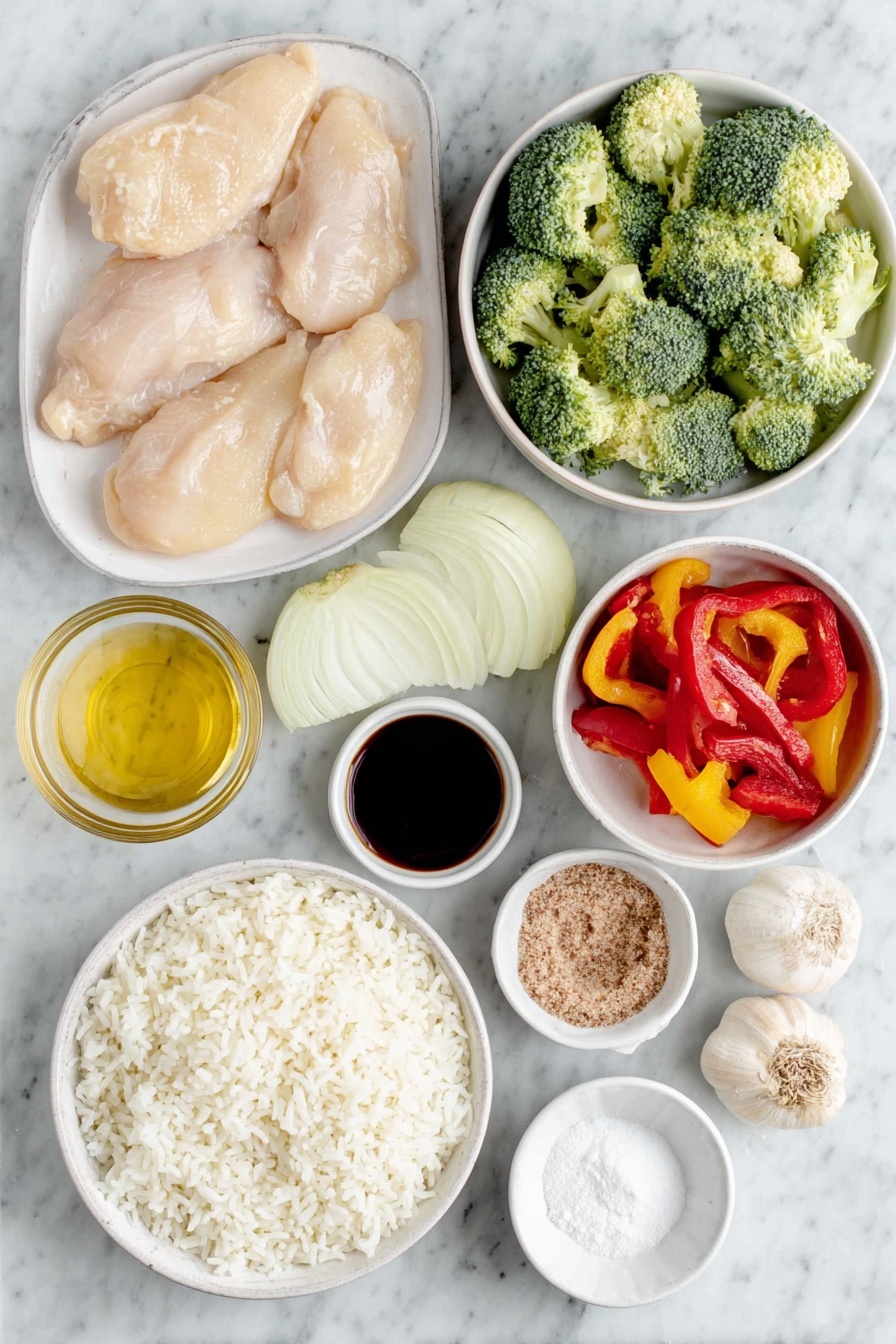 Chicken Broccoli Stir Fry, healthy chicken broccoli stir fry, quick stir fry recipes, easy Asian chicken dish, flavorful chicken broccoli dinner - Flat lay of fresh boneless skinless chicken breasts, bright green broccoli florets, a sliced yellow onion, a sliced red bell pepper, two whole brown garlic cloves, a small white ceramic bowl of light golden peanut oil, a small white ceramic bowl of dark soy sauce, a small white ceramic bowl of packed brown sugar crystals, a small white ceramic bowl of clear golden honey, a small white ceramic bowl of pale cornstarch powder, a small white ceramic bowl of cold water, and a small white ceramic bowl of amber chicken broth, three cups of fluffy cooked white long grain rice arranged neatly on a simple white ceramic plate, all ingredients fresh and natural, perfectly balanced and symmetrical composition, placed on a clean white marble surface, soft natural light, photo taken with an iPhone, professional food photography style, fresh ingredients, white ceramic bowls, no bottles, no duplicates, no utensils, no packaging --ar 2:3 --v 7 --p awthu7i m7354615311229779997