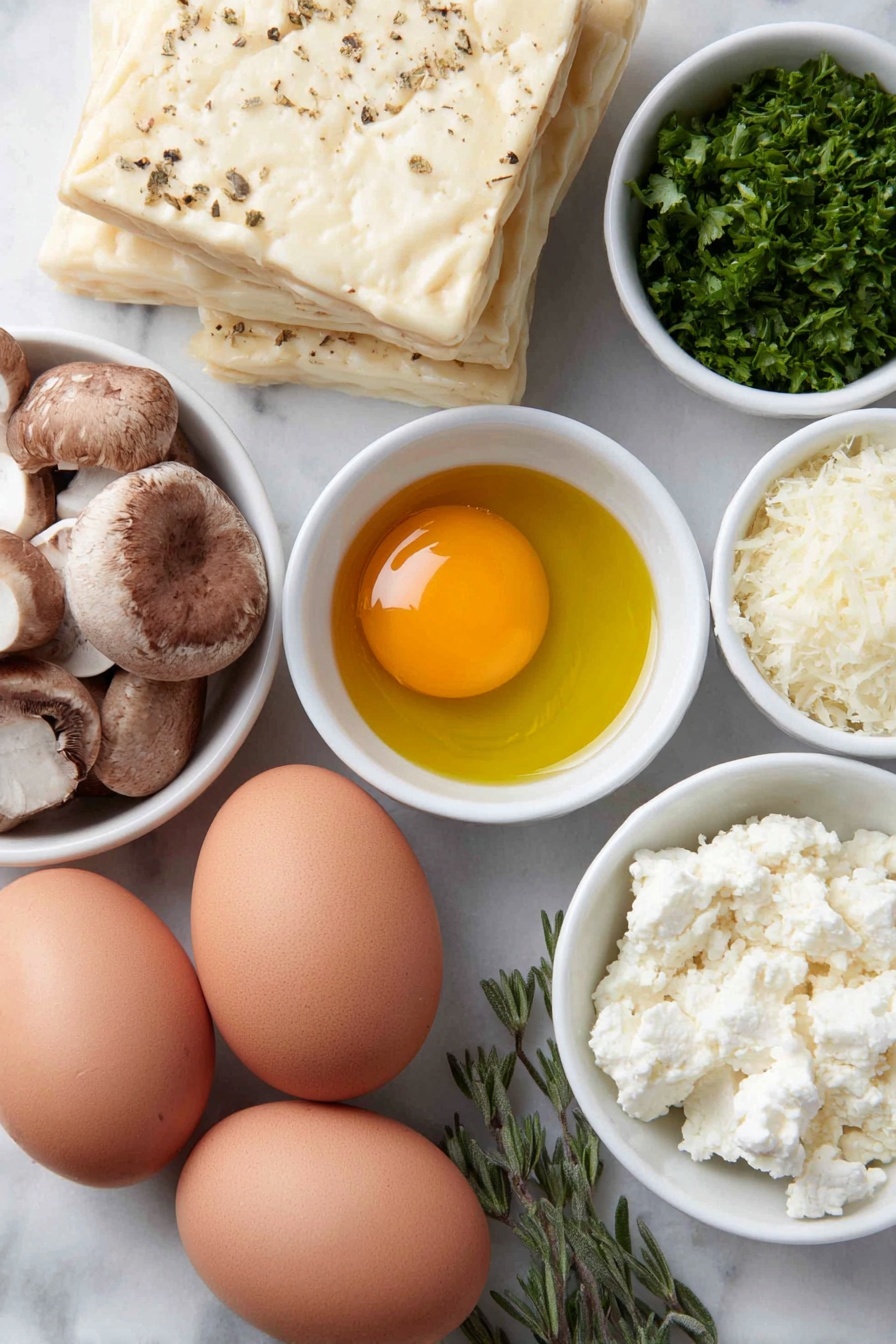 Mushroom and Goat Cheese Puff Pastry Tarts, savory mushroom tartlets, easy puff pastry appetizer, goat cheese tart recipe, vegan mushroom puff pastries - Flat lay of fresh whole uncracked brown egg, a stack of ten square 4x4 inch puff pastry sheets, a small pile of sliced brown and white mushrooms, a finely chopped shallot, three peeled garlic cloves, a small bunch of roughly chopped bright green parsley leaves, a small white ceramic bowl of golden olive oil, a small white ceramic bowl with grated pale parmesan cheese, a small white ceramic bowl with soft crumbly white goat cheese, and a small white ceramic bowl of pale translucent white wine, along with small sprigs of fresh sage, thyme, and rosemary arranged symmetrically, all placed on a clean white marble surface, soft natural light, photo taken with an iPhone, professional food photography style, fresh ingredients, white ceramic bowls, no bottles, no duplicates, no utensils, no packaging --ar 2:3 --v 7 --p m7354615311229779997