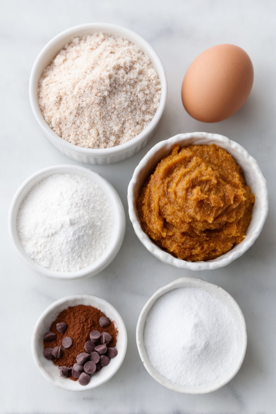 Flourless Pumpkin Muffins, pumpkin muffins without flour, gluten-free pumpkin muffins, healthy pumpkin muffin recipe, easy pumpkin muffin recipe - Flat lay of a small mound of light brown almond meal, a neat pile of white granulated sugar crystals, a small heap of fine pale baking powder, a tiny pinch of coarse sea salt flakes, a small pile of cinnamon powder with warm brown tones, a simple white ceramic bowl filled with vibrant orange pumpkin puree, a single whole uncracked brown egg with a smooth shell, and a small handful of glossy mini dark chocolate chips scattered gently nearby, all arranged in perfect symmetry on a clean white ceramic plate and bowls, placed on a clean white marble surface, soft natural light, photo taken with an iPhone, professional food photography style, fresh ingredients, white ceramic bowls, no bottles, no duplicates, no utensils, no packaging --ar 2:3 --v 7 --p m7354615311229779997