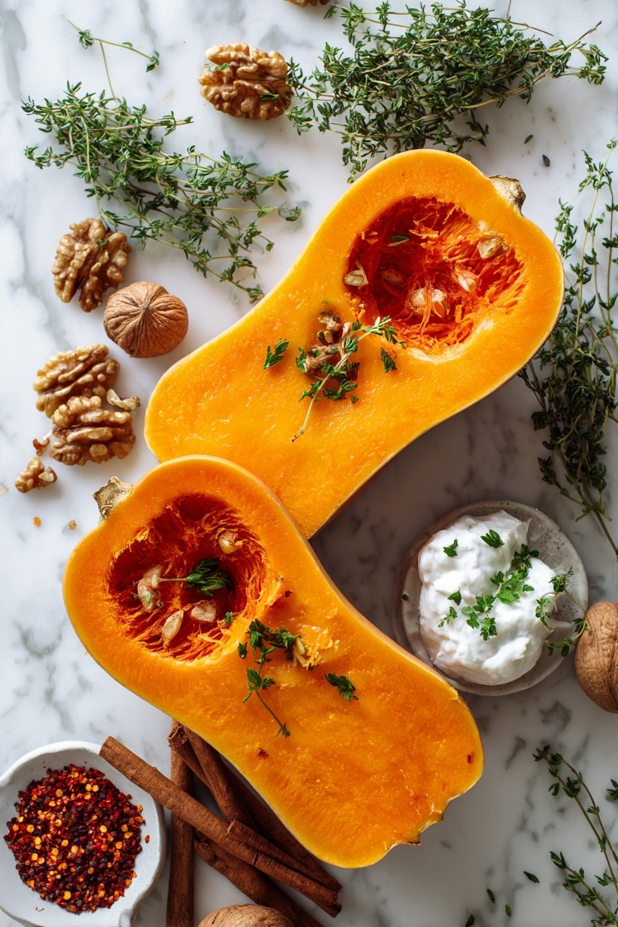 Roasted Honeynut Squash with Whipped Ricotta and Maple-Walnut Topping, honeynut squash recipe, flavorful winter vegetable dish, cozy roasted squash with toppings, easy festive squash recipe - Flat lay of vibrant orange honeynut squash halves with smooth skins and deep orange flesh, fresh green thyme sprigs scattered delicately, bright green chopped parsley leaves adding contrast, warm brown toasted walnut pieces with rough texture, creamy white whipped ricotta dollops, a small heap of red pepper flakes with a fiery red hue, and a few cinnamon sticks with rich brown tones arranged naturally, all colors vivid and fresh, placed on white marbled surface, photo taken with an iphone --ar 2:3 --v 7