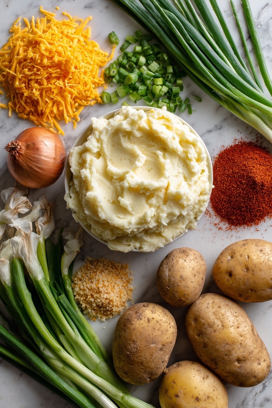 Crispy Mashed Potato Balls with Cheddar and Green Onions, cheesy crispy potato bites, savory mashed potato snacks, easy cheesy potato appetizers, homemade crispy potato balls - Flat lay of creamy mashed potatoes with a smooth, fluffy texture next to bright orange shredded cheddar cheese, finely chopped vibrant green onions scattered lightly nearby, warm golden panko breadcrumbs with a crispy texture piled gently, small heaps of red paprika powder and earthy garlic powder with a fine, soft grain, whole fresh potatoes with their rustic skin, and fresh green onion stalks with bright white bulbs, all naturally arranged to showcase a mix of soft, powdery, and crunchy textures, placed on white marbled surface, photo taken with an iphone --ar 2:3 --v 7