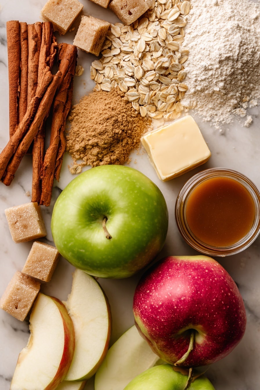 Salted Caramel Apple Pie Bars, apple pie bars with salted caramel, fall-inspired dessert recipes, easy apple dessert bars, caramel apple crumble bars - Flat lay of two whole apples, one bright green Granny Smith and one rosy pink Lady apple, thinly sliced apple wedges showing their crisp white flesh, golden rolled oats scattered loosely, soft mounds of light and dark brown sugar crystals, warm cinnamon sticks with a reddish-brown hue, small piles of pale beige all-purpose flour, cold cubes of creamy unsalted butter with smooth edges, and a small jar of rich, glossy salted caramel sauce with a deep amber color, all beautifully arranged in a natural, slightly overlapping pattern with varied textures and colors, placed on white marbled surface, photo taken with an iphone --ar 2:3 --v 7