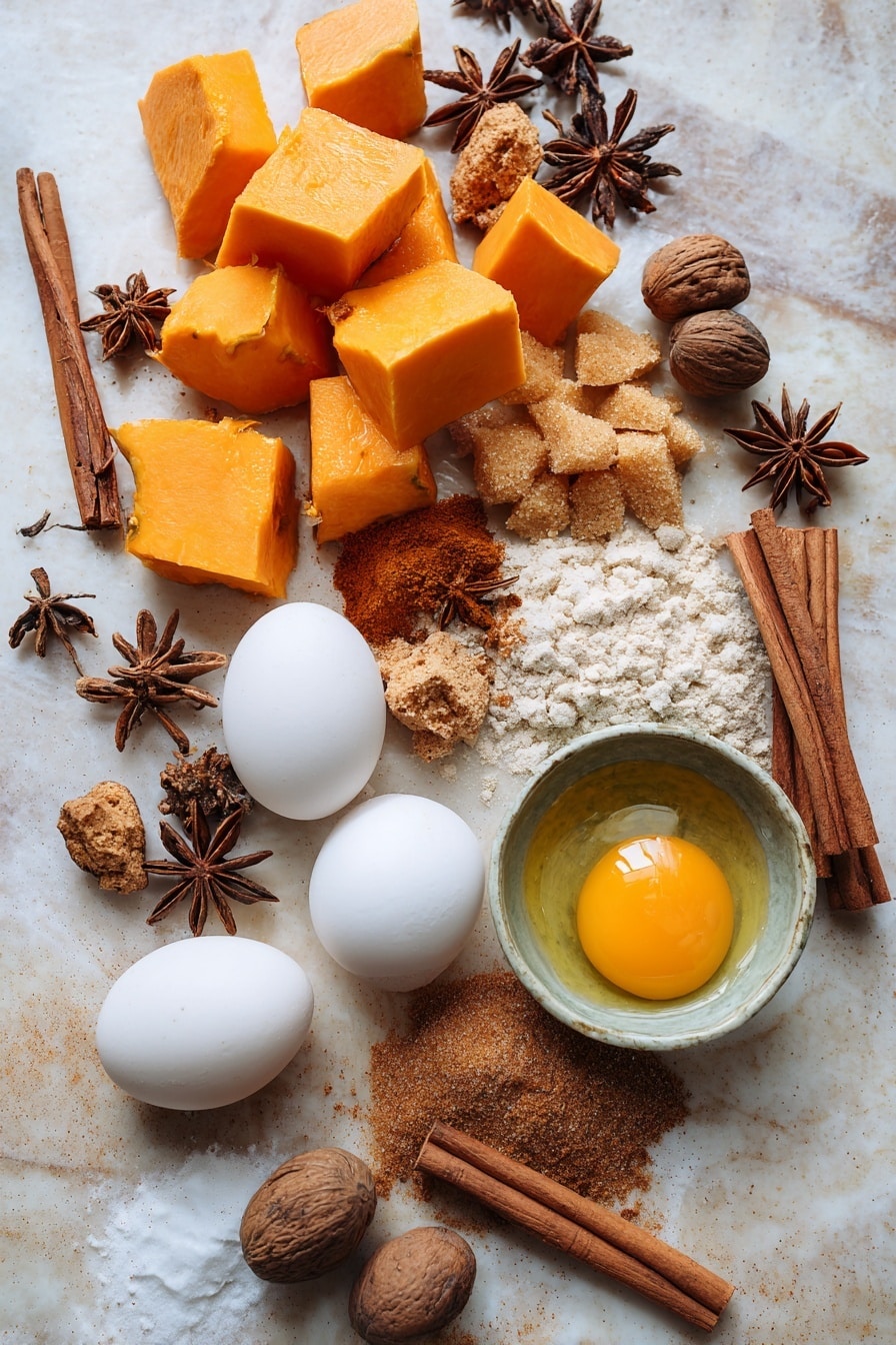 Pumpkin Crumb Cake Muffins, Pumpkin Muffin Recipes, Fall Breakfast Ideas, Easy Pumpkin Muffins, Spiced Pumpkin Baked Goods - Flat lay of bright orange fresh pumpkin chunks, a handful of golden brown and light brown sugar piles, warm cinnamon sticks, whole nutmeg and star anise pods scattered naturally, creamy white eggs with smooth shells, rich golden melted butter in a small pool, and a sprinkle of mixed ground spices with shades of brown and beige, all beautifully arranged with rustic textures and warm tones, placed on white marbled surface, photo taken with an iphone --ar 2:3 --v 7