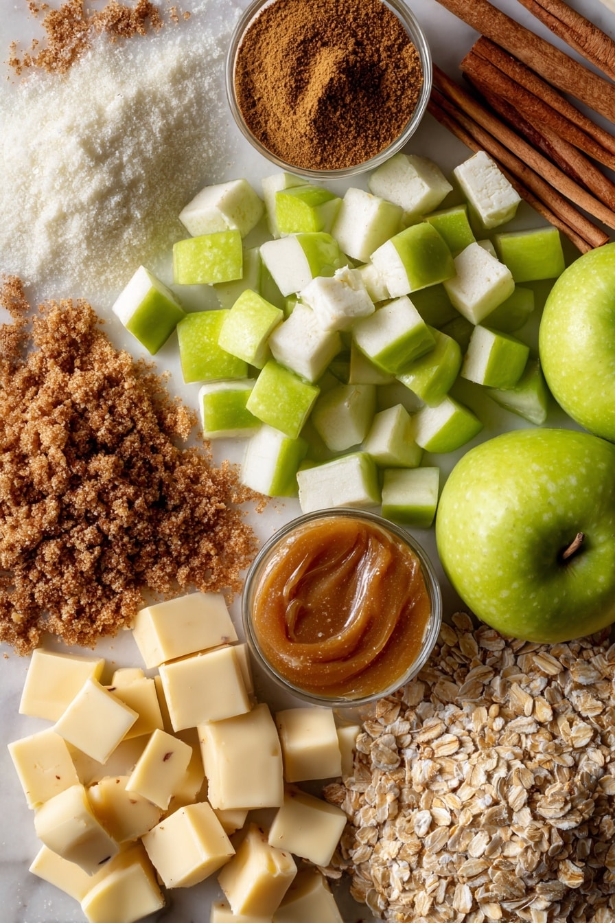 Caramel Apple Cheesecake Bars, apple cheesecake bars, caramel apple dessert, fall dessert bars, easy cheesecake bars - Flat lay of bright green Granny Smith apples finely chopped with bits of skin showing, creamy white blocks of cream cheese softened and smooth, golden light brown sugar crystals sparkling, warm brown cinnamon sticks and ground cinnamon powder with a soft texture, nutmeg seeds with a rough brown surface, pale yellow cubes of soft butter, clusters of rustic light brown quick oats, rich amber caramel drizzle glistening with a sticky sheen, all naturally arranged in a balanced and inviting way, placed on white marbled surface, photo taken with an iphone --ar 2:3 --v 7