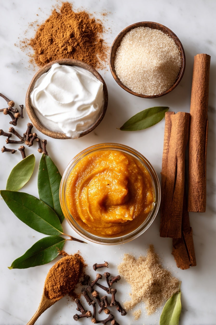 Vegan Pumpkin Pie, vegan pumpkin pie recipe, plant-based pumpkin pie, dairy-free pumpkin pie, easy vegan pumpkin pie - Flat lay of a smooth, rich orange pumpkin puree in a small glass jar, thick white coconut cream with creamy texture in a bowl, heaping spoonfuls of golden brown sugar and fine granulated white sugar side by side, warm brown cinnamon sticks and ground cinnamon powder dusted softly nearby, pale beige ground ginger and nutmeg powders arranged in small neat piles, deep brown whole cloves scattered gently, and a few bright green fresh bay leaves for color contrast, all beautifully arranged with natural lighting and soft shadows, placed on white marbled surface, photo taken with an iphone --ar 2:3 --v 7