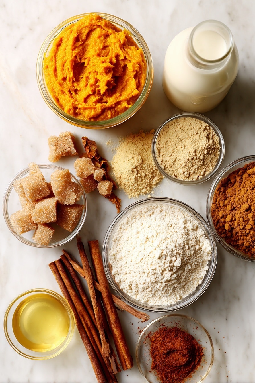 Pumpkin Coffee Cake with Streusel Topping, Autumn Pumpkin Coffee Cake, Fall Coffee Cake Recipes, Pumpkin Dessert with Streusel, Cozy Pumpkin Breakfast Cake - Flat lay of vibrant orange pumpkin purée in a glass jar, a small pile of rich brown sugar with coarse texture, a heap of golden brown all purpose flour, warm cinnamon sticks alongside ground cinnamon powder, a scattering of pumpkin pie spice with its earthy brown hue, a small bottle of clear vanilla extract, creamy white soy milk in a glass container, and a smooth pool of golden avocado oil, all beautifully arranged with gentle overlapping and varied heights to add depth, placed on white marbled surface, photo taken with an iphone --ar 2:3 --v 7