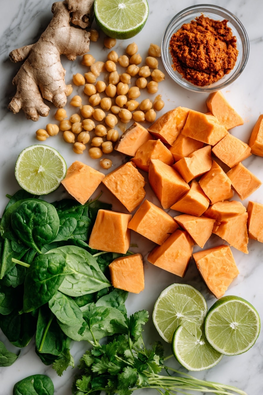 Sweet Potato Curry with Chickpeas, healthy plant-based curry, cozy vegetarian dinner, flavorful chickpea and sweet potato recipe, easy vegan curry - Flat lay of bright orange sweet potato chunks with smooth skin, golden chickpeas with a slightly rough texture, fresh green baby spinach leaves full of veins, vibrant red curry paste in a small heap showing its thick, glossy texture, minced pale yellow garlic cloves, thin slices of light beige fresh ginger root with fibrous edges, fresh lime halves showing juicy bright green flesh, and a small bunch of fresh cilantro with delicate green leaves and thin stems, all naturally arranged with slight overlapping and spacing to create a balanced composition, placed on white marbled surface, photo taken with an iphone --ar 2:3 --v 7