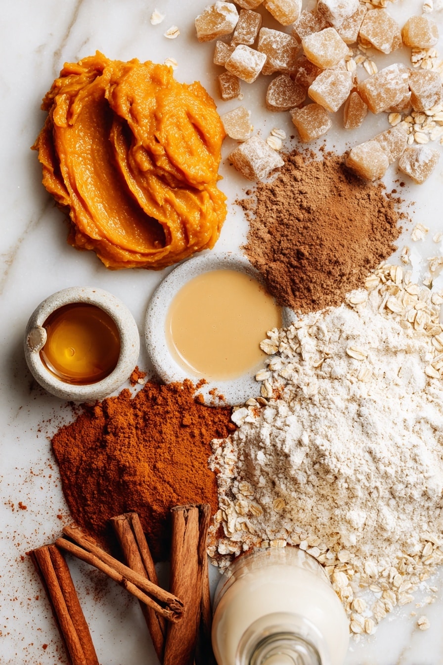 Vegan Pumpkin Donuts with Cinnamon Maple Glaze, Vegan Pumpkin Donuts, Fall Vegan Donuts, Vegan Pumpkin Dessert, Cinnamon Maple Glaze Donuts - Flat lay of vibrant orange pumpkin puree in a smooth dollop, rustic light brown sugar crystals piled beside it, golden melted vegan butter in a small pool with shiny texture, warm brown cinnamon sticks scattered casually, a heap of bright beige oat milk in a soft splash, creamy white vanilla extract bottle with subtle shine, a neat bundle of aromatic ground pumpkin pie spice powder showing rusty brown and reddish hues, and coarse off-white all-purpose flour gently mounded, all beautifully arranged with natural spacing and light shadows, placed on white marbled surface, photo taken with an iphone --ar 2:3 --v 7