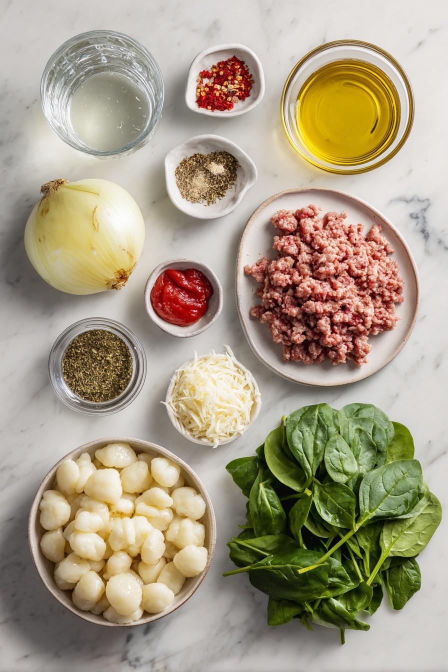 Sausage and Gnocchi Soup, hearty sausage and gnocchi dish, comforting sausage soup recipe, flavorful gnocchi soup, easy sausage and gnocchi meal - Flat lay of a small pool of extra virgin olive oil in a shallow dish, a moderate mound of ground pork sausage, a small pile of crushed fennel seeds, a pinch of red pepper flakes, half a yellow onion chopped into pieces, three garlic cloves peeled, a clear glass with chicken stock, a glass of water, a can of diced tomatoes opened with juice visible, a small heap of Italian seasoning herbs, a sprinkle of kosher salt and freshly ground black pepper, a portion of uncooked gnocchi, a bunch of fresh spinach leaves, and a small bowl of grated Parmesan cheese, placed on a white marble surface, photo taken with an iphone --ar 2:3 --v 7