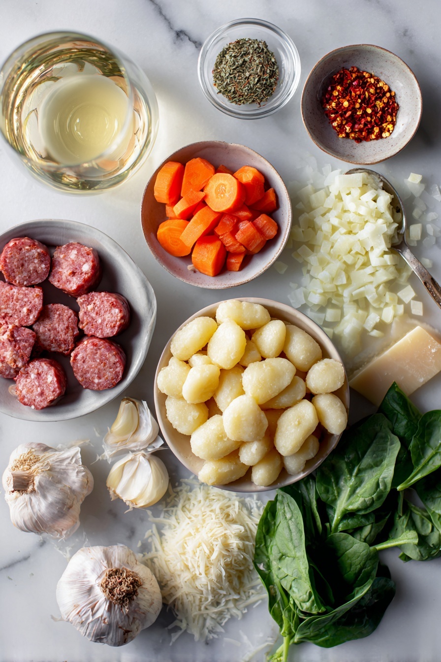 Creamy Italian Sausage Gnocchi Soup, Italian sausage soup, gnocchi soup recipe, creamy sausage and gnocchi soup, hearty Italian soup - Flat lay of a few chunks of Italian sausage, a medium diced onion, a medium diced carrot, two diced celery sticks, two large garlic cloves, a small bowl of Italian seasoning, a small dish of red chili flakes, a glass with a splash of white wine, a ladle of creamy chicken stock, a pile of gnocchi, a handful of fresh baby spinach leaves, and a small mound of freshly grated Parmesan cheese placed on a white marble surface, photo taken with an iphone --ar 2:3 --v 7