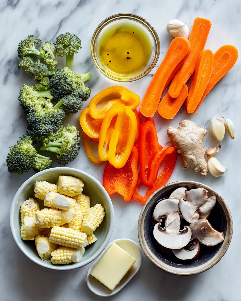 Vegetable Stir Fry, Quick Vegetable Stir Fry, Healthy Veggie Stir Fry, Easy Stir Fry Dinner, Vibrant Vegetable Stir Fry - Flat lay of one large sliced carrot, a small pile of medium broccoli florets, a few baby corn spears, a handful of sliced mushrooms, one whole sliced colorful bell pepper, three peeled garlic cloves, a small piece of fresh ginger root cut into slices, a small bowl of light golden cooking oil, a pat of unsalted butter, and a small bowl with stir fry sauce ingredients mixed together, all placed on a white marble surface, photo taken with an iphone --ar 2:3 --v 7