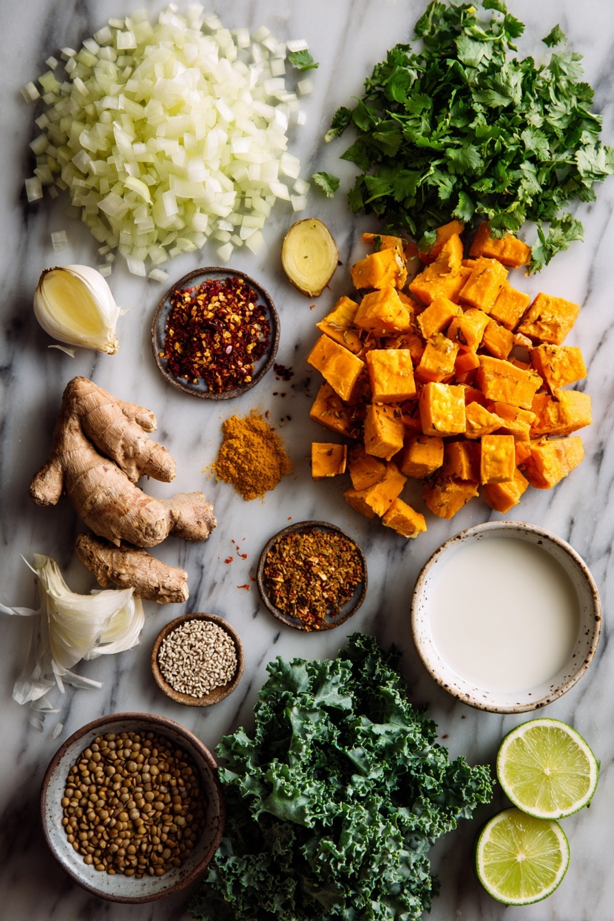 Ginger Sweet Potato and Coconut Milk Stew with Lentils and Kale, hearty vegan stew, healthy coconut sweet potato recipe, comforting lentil kale soup, nourishing plant-based stew - Flat lay of a medium yellow onion diced into small pieces, a few dried chili flakes scattered lightly, small piles of ground coriander, cumin, and turmeric, a fresh peeled 2-inch piece of ginger minced finely, three peeled garlic cloves minced, a generous heap of sweet potato cubes about the size of walnuts, a small mound of dry brown lentils, a bunch of vibrant chopped kale leaves, a small bowl of creamy coconut milk, a few lime wedges, and a sprinkle of chopped fresh cilantro and nigella seeds placed on a white marble surface, photo taken with an iphone --ar 2:3 --v 7