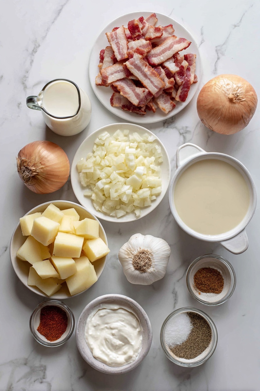 Ultimate Potato Soup, creamy potato soup with bacon, comforting potato soup recipe, easy potato soup for weeknights, savory potato soup with smoky flavor - Flat lay of six uncooked bacon strips cut into small pieces, a medium yellow onion chopped into rough chunks, three large garlic cloves minced, a small mound of all-purpose flour, six large peeled gold potatoes diced into cubes about one inch, a small jug of chicken broth, a glass of milk, a small container of heavy cream, a dollop of sour cream in a bowl, and a sprinkle of ground pepper and ancho chili powder in tiny dishes, placed on a white marble surface, photo taken with an iphone --ar 2:3 --v 7