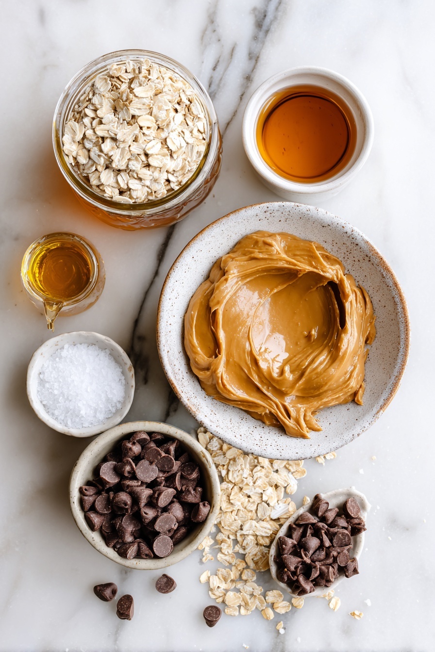 Peanut Butter No Bake Cookies, no bake cookie recipe, easy peanut butter cookies, quick no bake desserts, simple cookie recipes - Flat lay of a medium bowl filled with creamy natural peanut butter, a small jar of golden maple syrup partially poured out, a small cup holding melted coconut oil, a tiny glass bottle of vanilla extract, a small heap of flaky sea salt, a generous pile of whole rolled oats spilling slightly, and a small bowl of mini chocolate chips scattered around, placed on a white marble surface, photo taken with an iphone --ar 2:3 --v 7