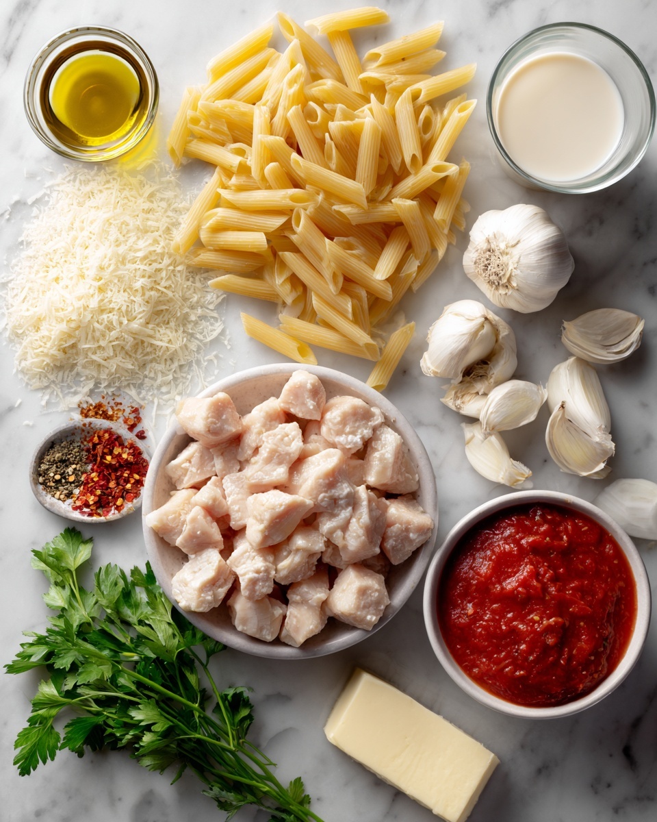 Chicken Parmesan Pasta, easy chicken pasta recipe, quick Italian pasta dish, cheesy chicken pasta, weeknight dinner ideas - Flat lay of a small mound of uncooked pasta, a few pieces of raw chicken breast cut into bite-sized chunks, a small diced onion, two peeled garlic cloves, a small bowl of bright red tomato sauce, a half-filled glass of creamy white half and half, a small pile of grated Parmesan cheese, a few scattered fresh parsley leaves, a small dish with red chili flakes and Italian seasoning, a drizzle of olive oil and a small pat of butter placed on a white marble surface, photo taken with an iphone --ar 2:3 --v 7