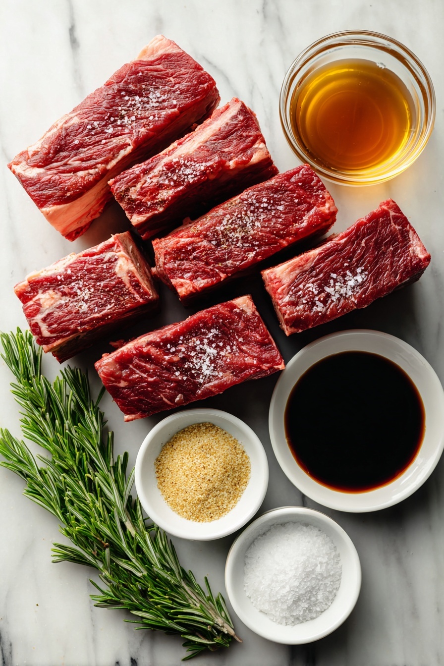 Slow Cooker Beef Short Ribs, Beef Short Ribs Recipe, Tender Short Ribs, Easy Slow Cooker Dinner, Fall-Off-The-Bone Beef - Flat lay of eight thick beef short ribs seasoned with salt and pepper, a small bowl of rich beef broth, a quarter cup of dark Worcestershire sauce in a glass container, a small pile of garlic powder and onion powder side by side, and a fresh green sprig of rosemary, all placed on a white marble surface, photo taken with an iphone --ar 2:3 --v 7