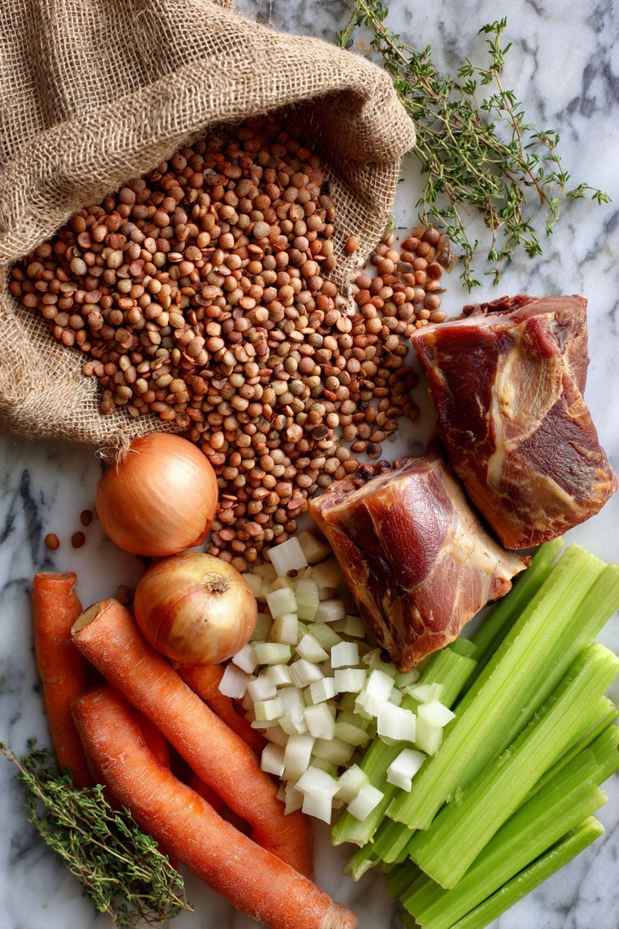 Split Pea Soup with Ham, hearty ham and pea soup, easy split pea ham soup, creamy ham and pea stew, comforting ham and peas - Flat lay of dried split peas spilling gently from a rustic burlap sack, a plump white onion diced and whole, fresh celery ribs sliced with crisp green leaves, bright orange carrot rounds, two smoked ham hocks with a rich mahogany color, and a small pile of dried thyme leaves scattered artfully, placed on a white marble surface, photo taken with an iphone --ar 2:3 --v 7