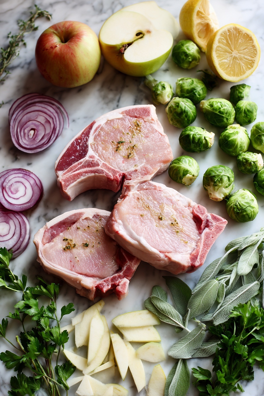 Sheet Pan Lemon Sage Pork Chops with Roasted Apples and Brussels Sprouts, Lemon Sage Pork Chops, Easy Sheet Pan Dinner, Roasted Apple Brussels Sprouts, One-Pan Pork Chop Recipe - Flat lay of bone-in pork chops with a light coating of olive oil and fresh minced garlic, surrounded by halved Brussels sprouts, crisp Fuji apple wedges, thick red onion slices, sprigs of bright green Italian parsley, vibrant lemon halves, and scattered fresh sage leaves, all placed on a white marble surface, photo taken with an iphone --ar 2:3 --v 7