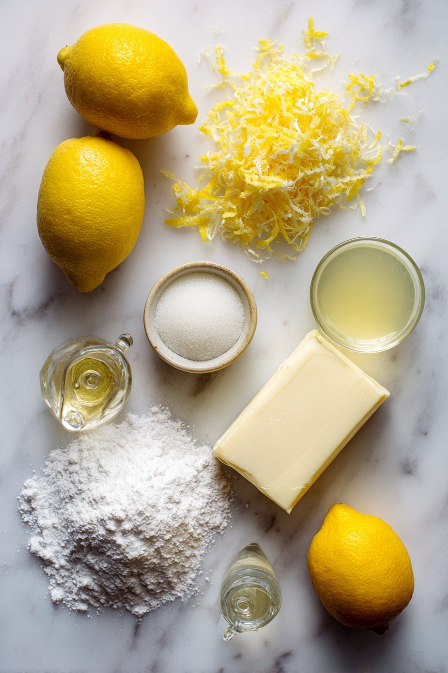 Lemon Crinkle Cookies, Lemon Cookies Recipe, Easy Lemon Cookies, Chewy Lemon Cookies, Zesty Lemon Cookie Recipe - Flat lay of fresh lemons with bright yellow zest shaved delicately, a small mound of granulated sugar sparkling under soft light, a smooth slab of vegan butter softened and creamy, a glass container of clear fresh lemon juice, tiny drops of golden yellow food coloring, a heap of white powdered sugar dusted lightly nearby, and a sprinkle of pure vanilla extract in a small glass vial, all beautifully arranged on a white marble surface, photo taken with an iphone --ar 2:3 --v 7