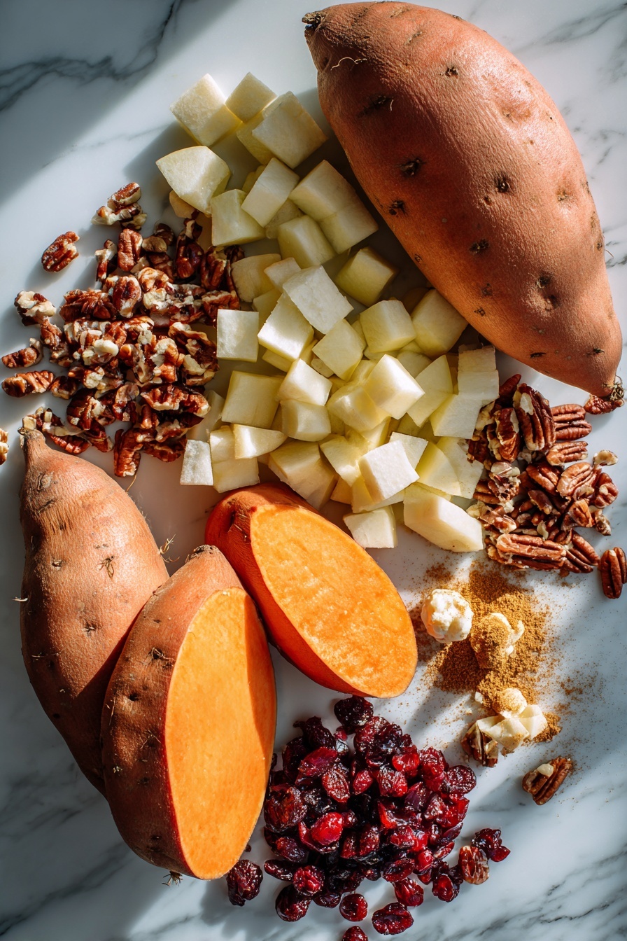 Cranberry Apple Twice-Baked Sweet Potatoes, sweet potato side dish with cranberries and apples, cozy fall sweet potato recipes, healthy baked sweet potatoes, festive autumn side dish - Flat lay of two whole sweet potatoes with smooth orange skin, peeled and diced crisp apple cubes, vibrant dried cranberries scattered nearby, a small pile of chopped pecans, golden butter melting in soft chunks, and a sprinkle of warm brown coconut sugar alongside a dusting of ground cinnamon and nutmeg, all beautifully arranged with natural light highlighting their rich colors and textures, placed on a white marble surface, photo taken with an iphone --ar 2:3 --v 7