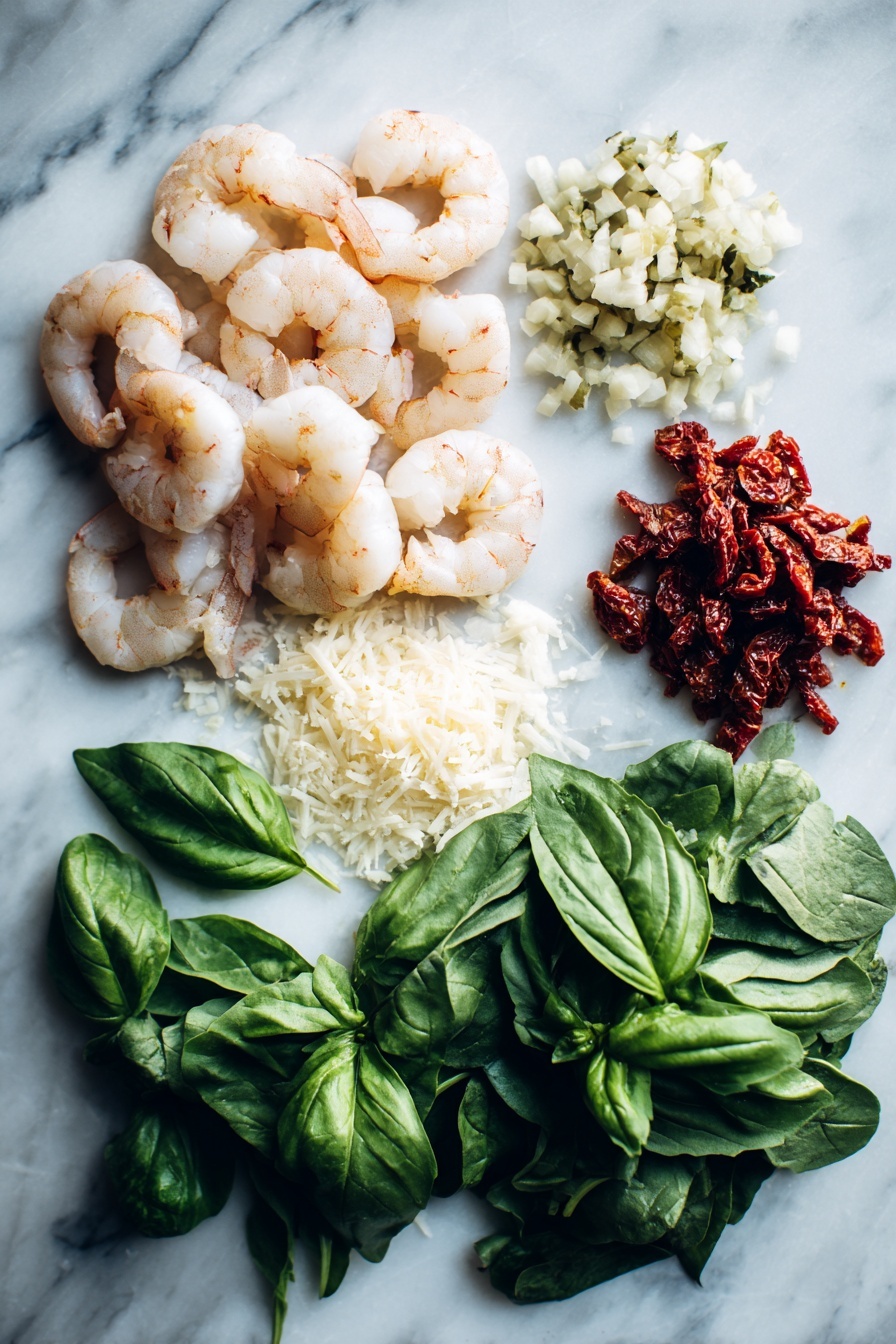 Creamy Tuscan Garlic Shrimp, Tuscan garlic shrimp recipe, creamy shrimp pasta, easy shrimp dinner, garlic shrimp with sun-dried tomatoes - Flat lay of raw peeled shrimp with tails on, a small diced onion, chopped garlic cloves, roughly chopped sun-dried tomatoes, fresh loosely packed spinach leaves, a small pile of grated parmesan cheese, and bright green fresh basil leaves beautifully arranged in vibrant colors and textures, placed on a white marble surface, photo taken with an iphone --ar 2:3 --v 7