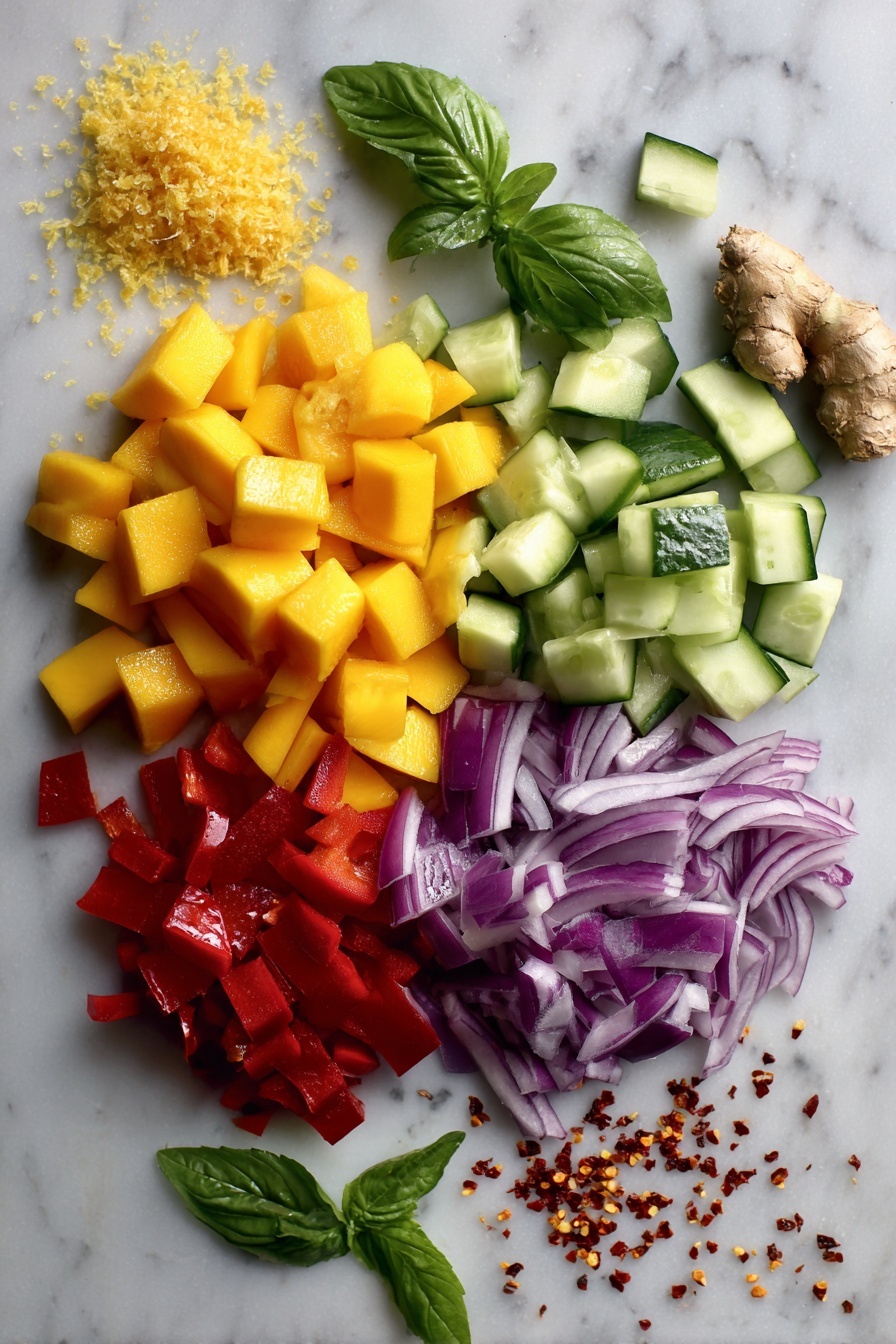 Mango Salad with Lemon-Honey Dressing, Mango Salad recipe, healthy fruit salad, easy summer salad, citrus mango salad - Flat lay of ripe diced mangoes, bright red diced bell pepper, fresh green cucumber cubes, thinly sliced purple red onion, and vibrant fresh basil leaves, alongside a small pile of grated fresh ginger root and scattered red chili flakes, all beautifully arranged in a colorful composition placed on a white marble surface, photo taken with an iphone --ar 2:3 --v 7