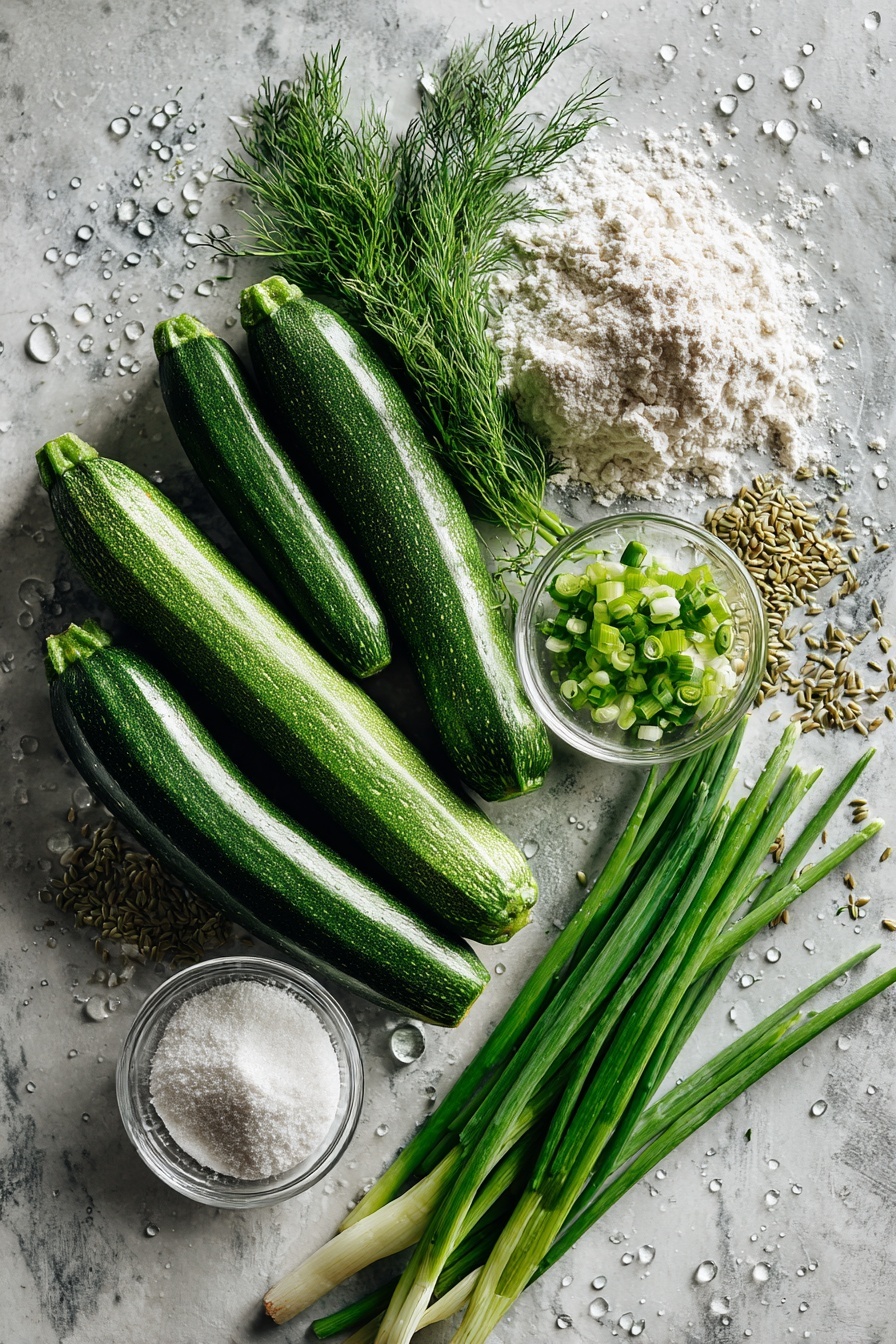 Vegan Zucchini Fritters, crispy vegan zucchini snacks, easy vegan fritters recipe, healthy zucchini side dish, plant-based zucchini appetizers - Flat lay of fresh whole zucchinis, a small pile of ground flaxseeds, bright green chopped spring onions, a handful of fresh dill sprigs, a small mound of all-purpose flour, a separate pile of fine cornstarch, and a glass of water droplets on the surface, all beautifully arranged with vibrant colors and natural textures, placed on a white marble surface, photo taken with an iphone --ar 2:3 --v 7