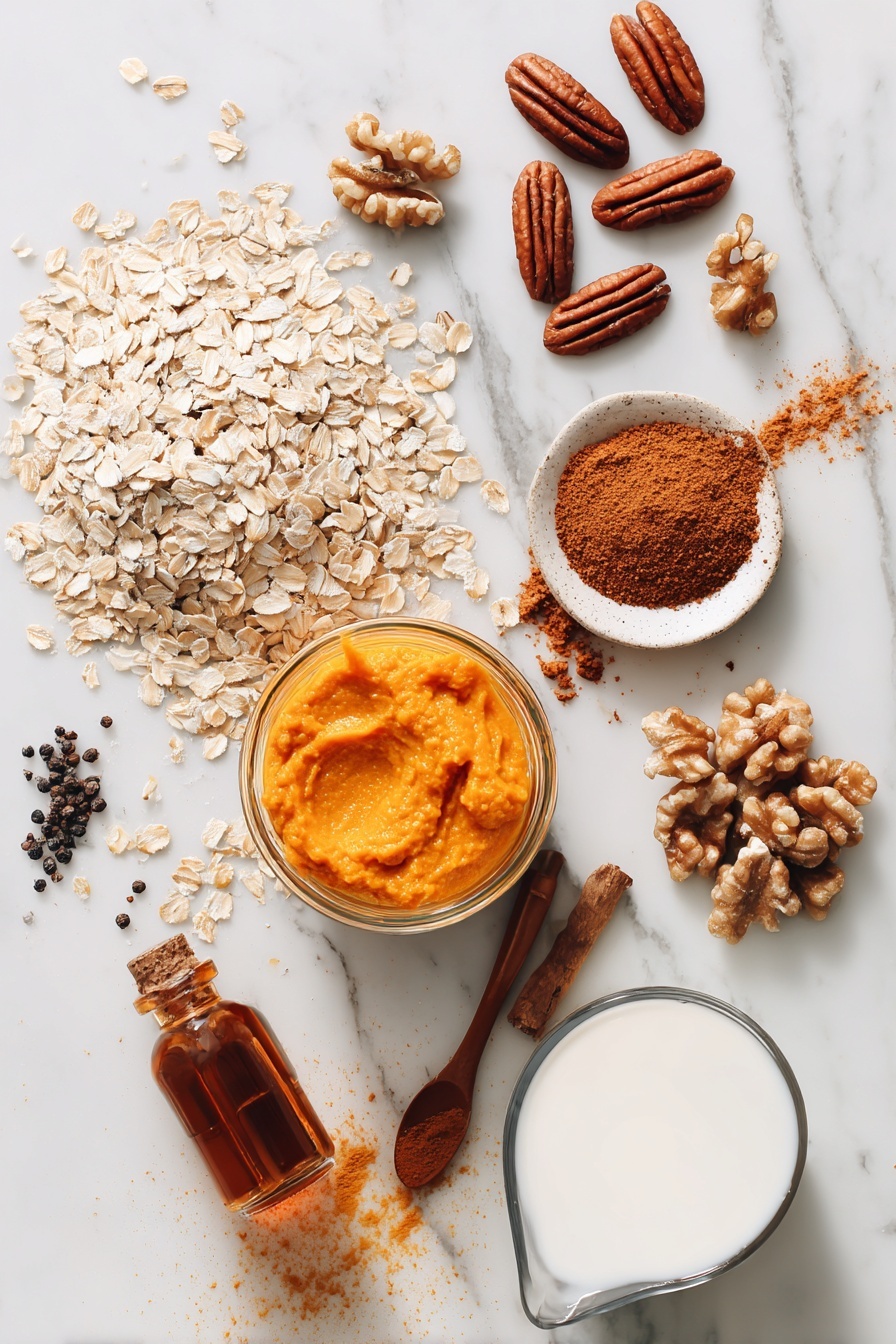 Pumpkin Oatmeal with Spiced Toppings, cozy breakfast recipes, healthy pumpkin oatmeal, seasonal fall breakfast, easy pumpkin oatmeal - Flat lay of rolled oats scattered alongside a smooth dollop of bright orange pumpkin puree, a small heap of warm brown pumpkin pie spice, a few glossy pecans and chopped walnuts, a drizzle of golden maple syrup pooling gently, a splash of creamy soy milk in a soft splash form, and a tiny glass vial of pure vanilla extract, all beautifully arranged on a white marble surface, photo taken with an iphone --ar 2:3 --v 7