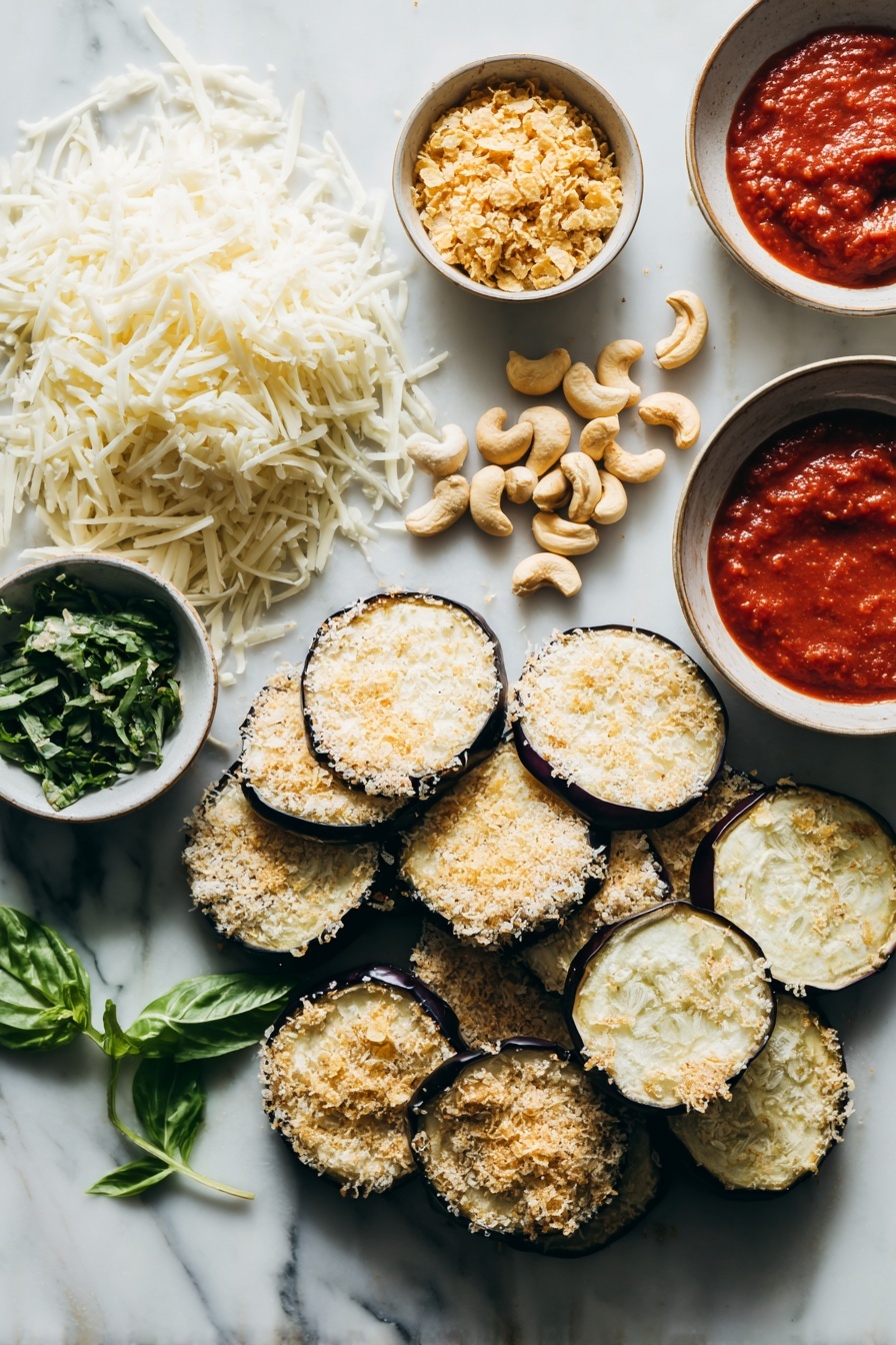 Vegan Eggplant Parmesan, Plant-Based Eggplant Parmesan, Vegan Italian Dinner, Healthy Eggplant Parmesan, Vegan Cheese Eggplant Dish - Flat lay of thickly sliced fresh eggplant rounds, a small bowl of golden crushed cornflakes, raw cashew nuts scattered nearby, a mound of pale yellow nutritional yeast flakes, a handful of bright green chopped fresh basil leaves, vibrant red dollops of rich marinara sauce, and a pile of shredded vegan mozzarella cheese with soft white vegan Parmesan shreds on the side, all beautifully arranged with natural light highlighting their textures and colors, placed on a white marble surface, photo taken with an iphone --ar 2:3 --v 7