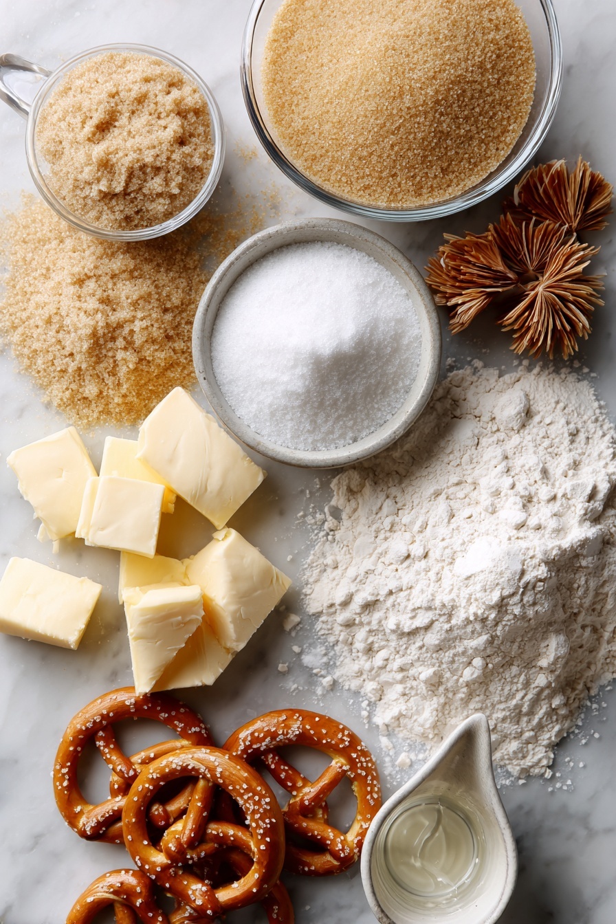 Vegan Pretzel Bites, vegan snack recipes, homemade pretzel bites, salty vegan snacks, easy vegan pretzel recipe - Flat lay of light brown sugar scattered alongside heaping spoonfuls of instant yeast, a neat pile of all-purpose flour, a small bowl of coarse sea salt crystals, several chunks of creamy melted vegan butter, a mound of baking soda powder, a measuring cup filled with warm water, all beautifully arranged with a few twisted raw pretzel dough bites resting among the ingredients, placed on a white marble surface, photo taken with an iphone --ar 2:3 --v 7
