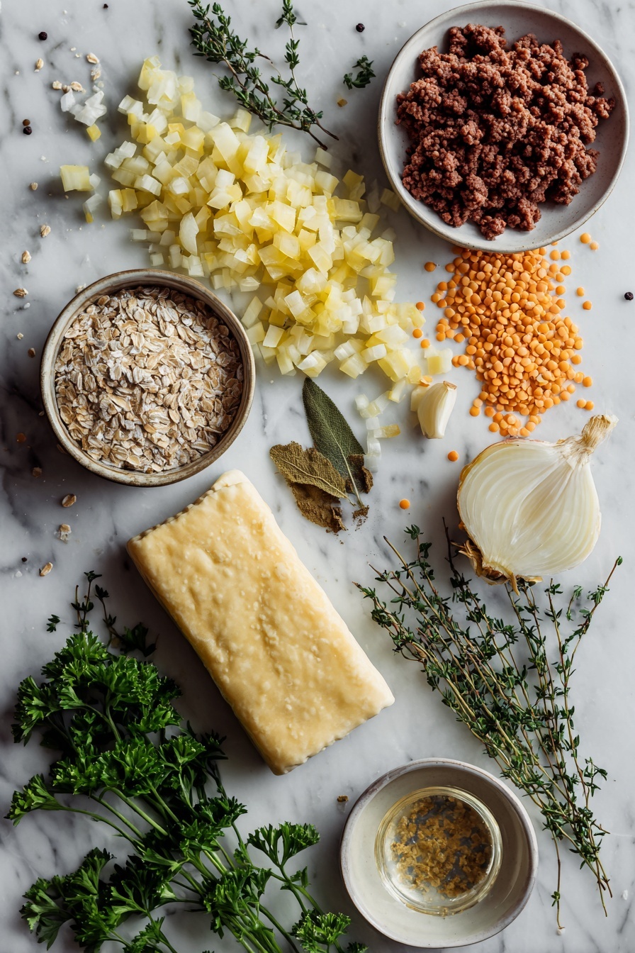 Vegan Wellington, Vegan Wellington recipe, Plant-based Wellington, Vegan holiday dinner, Vegan savory pie - Flat lay of a sheet of frozen puff pastry, diced yellow onion, crumbled vegan beef, minced garlic cloves, dried thyme, dried sage, dried paprika, a small pile of quick cooking oats, ground flaxseeds next to a small bowl of water for flax eggs, and drained lentils, all carefully arranged with fresh parsley sprigs for color, placed on a white marble surface, photo taken with an iphone --ar 2:3 --v 7