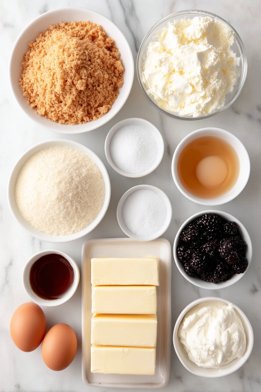 Mulberry & Earl Grey Cheesecake, Earl Grey cheesecake with mulberries, floral berry dessert, creamy fruit cheesecake, elegant berry cheesecake recipe - Flat lay of a small mound of golden graham cracker crumbs, a small white bowl of granulated sugar, a small white bowl with melted butter glistening, two blocks of smooth cream cheese, a small white bowl of granulated sugar, a small white bowl with clear cooled Earl Grey tea, a small white bowl of thick sour cream, two whole brown eggs with clean shells, a small white bowl filled with dark purple fresh mulberries, a small white bowl of clear water, a small white bowl of granulated sugar, and a small white bowl with fresh lemon juice, all arranged symmetrically on a clean white marble surface, soft natural light, photo taken with an iPhone, professional food photography style, fresh ingredients, white ceramic bowls, no bottles, no duplicates, no utensils, no packaging --ar 2:3 --v 7 --p awthu7i m7354615311229779997