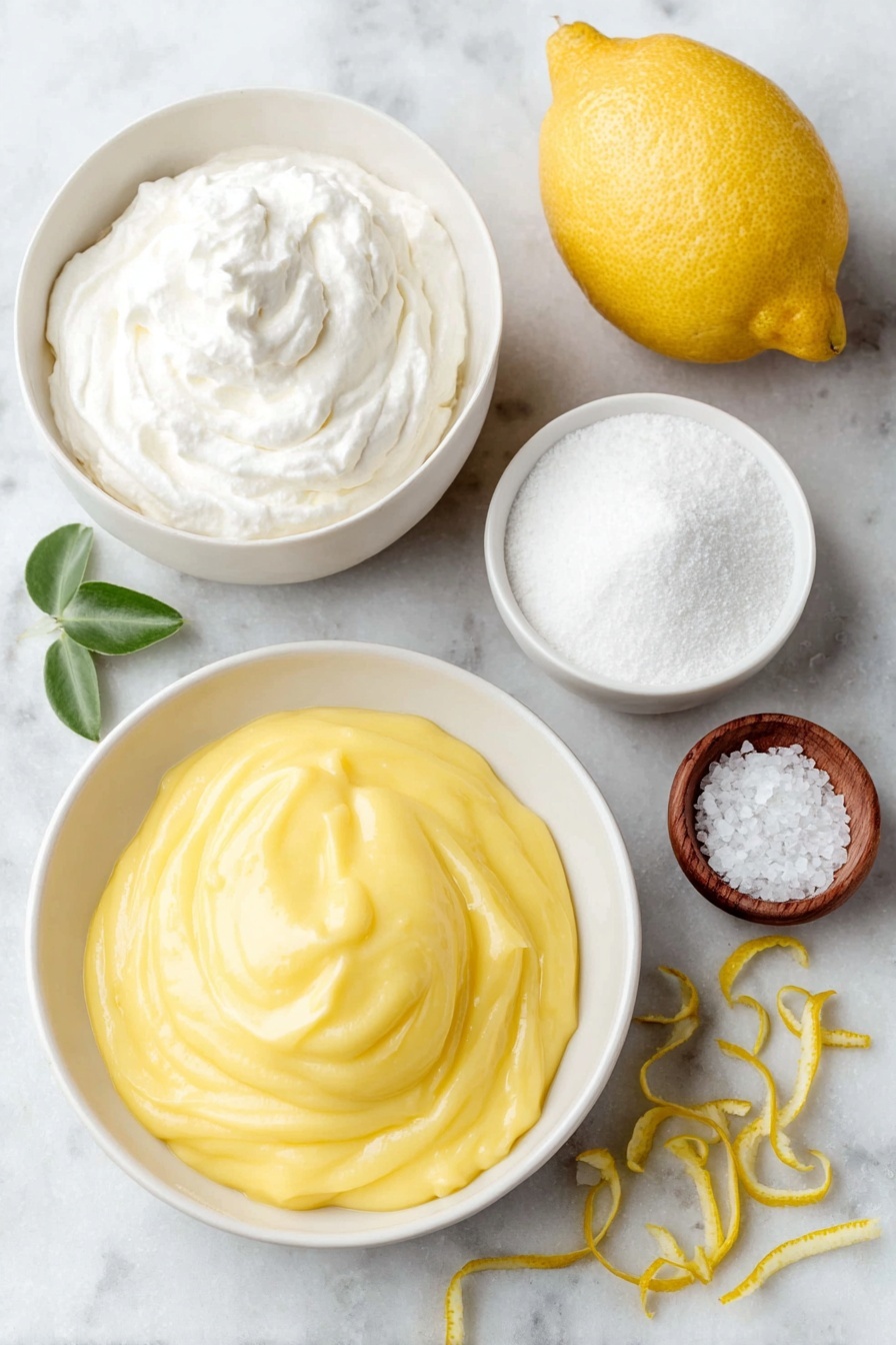 Lemon Mousse, Lemon Mousse dessert, easy lemon mousse, refreshing lemon dessert, creamy lemon mousse - Flat lay of a small mound of bright yellow lemon curd spread smoothly in a simple white ceramic bowl, a few thin strands of fresh lemon zest beside it, a small white bowl filled with white confectioner’s sugar, a larger white ceramic bowl containing softly whipped heavy cream with gentle peaks, a single large whole lemon with vibrant yellow skin, and a pinch of coarse salt displayed neatly on the side, all arranged with perfect symmetry and balanced proportions, placed on a clean white marble surface, soft natural light, photo taken with an iPhone, professional food photography style, fresh ingredients, white ceramic bowls, no bottles, no duplicates, no utensils, no packaging --ar 2:3 --v 7 --p awthu7i m7354615311229779997