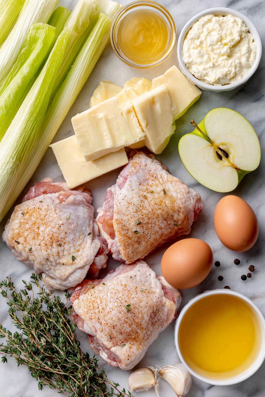 French Chicken Normandy Casserole, French Chicken Normandy, Chicken Normandy casserole, French chicken dinner, apple and cider chicken - Flat lay of fresh raw bone-in chicken thighs with skin on, a few thick slices of white and light green leeks, three crisp green apples halved and sliced, two whole uncracked brown eggs, a small pat of butter, two cloves of garlic with papery skins removed, fresh thyme sprigs still on stems, a small white bowl of creamy Dijon mustard, a small white bowl of light golden brandy, a small white bowl of pale golden dry hard apple cider, a small white bowl of rich creamy creme fraiche, all arranged with kosher salt crystals and whole black peppercorns scattered artfully, placed on a clean white marble surface, soft natural light, photo taken with an iPhone, professional food photography style, fresh ingredients, white ceramic bowls, no bottles, no duplicates, no utensils, no packaging --ar 2:3 --v 7 --p awthu7i m7354615311229779997