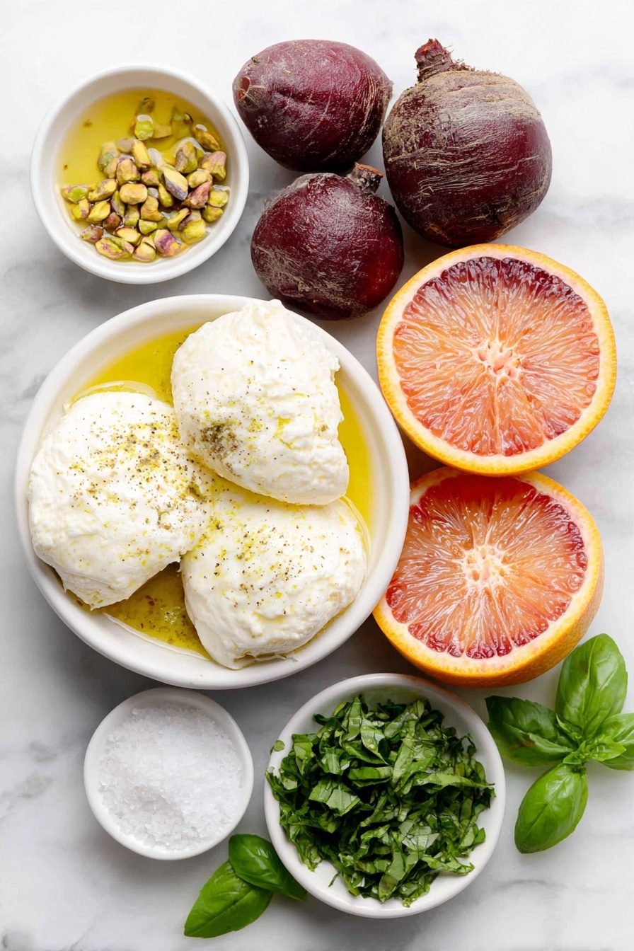 Roasted Beet and Burrata Salad, beet and burrata salad, gourmet beet salad with burrata, citrus beet salad, easy elegant salad - Flat lay of three small red beets, three small orange beets, two whole burrata balls, one small blood orange cut in half showing the vibrant interior, one medium cara cara orange halved revealing the pinkish flesh, a small white bowl with chopped pistachios, a small white bowl with loosely packed fresh basil leaves, a small white bowl of bright green basil oil, a small white bowl of olive oil, a small white bowl of fresh orange juice, a small white bowl of kosher salt, and a few whole basil leaves scattered gently around, all ingredients fresh and natural, no packaging, arranged with perfect symmetry on simple white ceramic bowls and plates, placed on a clean white marble surface, soft natural light, photo taken with an iPhone, professional food photography style, fresh ingredients, white ceramic bowls, no bottles, no duplicates, no utensils, no packaging --ar 2:3 --v 7 --p awthu7i m7354615311229779997