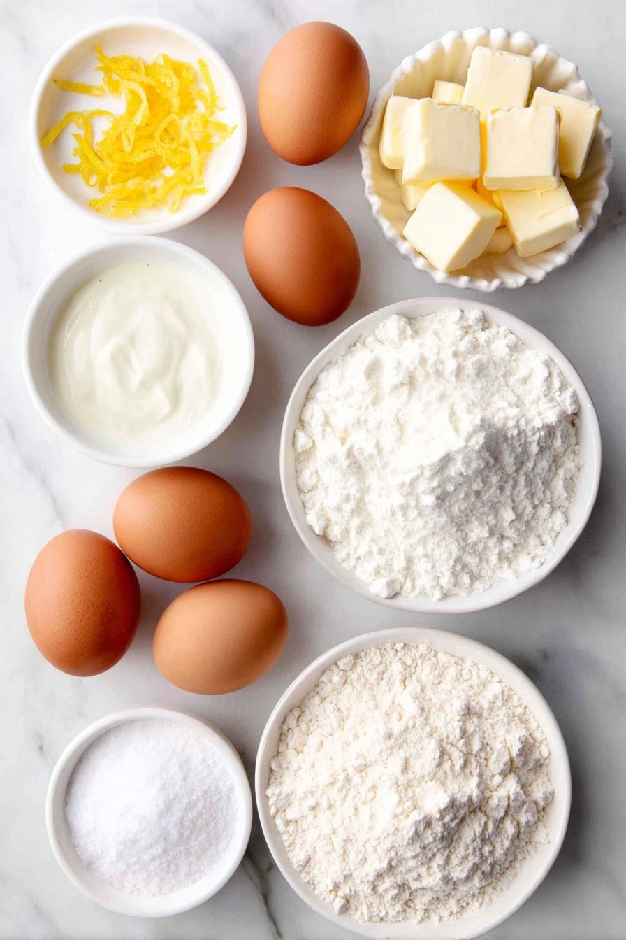 Lemon Crème Brûlée Cookies, citrus dessert recipes, lemon cookies with brûlée topping, zesty lemon cookies, creamy citrus cookie treats - Flat lay of six whole uncracked brown eggs with clean shells, a small white ceramic bowl of fresh whole milk, a few bright yellow lemon zests scattered neatly, a small white ceramic bowl filled with granulated white sugar, a few small cubes of pale unsalted butter, a small white ceramic bowl of fine white cornstarch powder, a mound of pale beige all-purpose flour, and a small white ceramic bowl containing smooth vanilla bean paste, all arranged symmetrically on a clean white marble surface, soft natural light, photo taken with an iPhone, professional food photography style, fresh ingredients, white ceramic bowls, no bottles, no duplicates, no utensils, no packaging --ar 2:3 --v 7 --p awthu7i m7354615311229779997