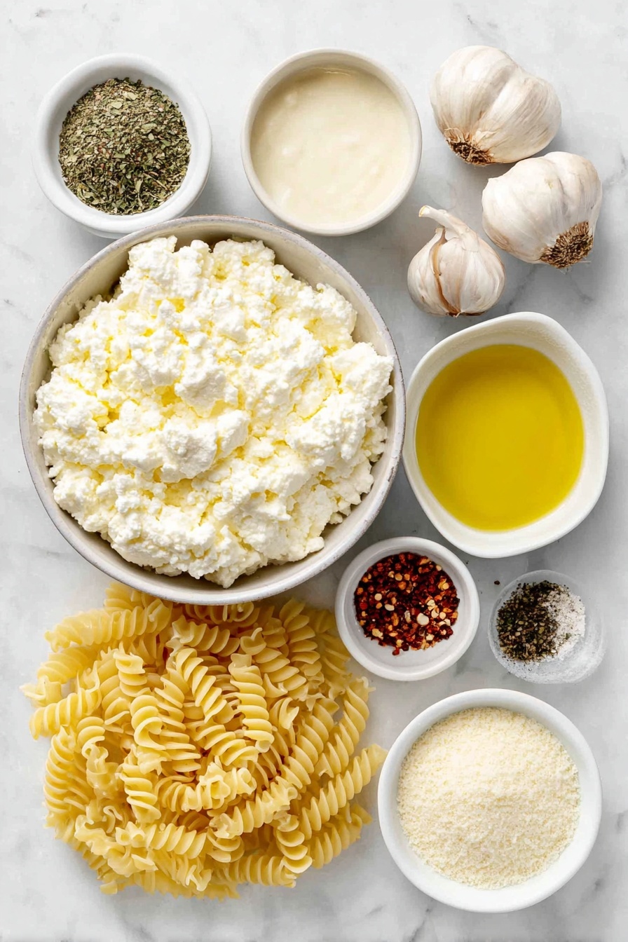 Creamy Cottage Cheese Pasta Sauce, healthy pasta sauces, protein-packed pasta recipes, easy pasta sauce, homemade pasta sauce with cottage cheese - Flat lay of a small white ceramic bowl filled with creamy full-fat cottage cheese, a small white bowl containing pale almond milk, a small white bowl with golden olive oil, three whole uncracked garlic cloves, a small white bowl of finely grated Parmesan cheese, a small white bowl with fine white cornstarch powder, a small white bowl holding a mix of dried Italian seasoning herbs, a small white bowl with coarse salt crystals, a small white bowl with ground black pepper, a small white bowl of red pepper flakes, and a nest of cooked chickpea pasta arranged symmetrically, all placed on a clean white marble surface, soft natural light, photo taken with an iPhone, professional food photography style, fresh ingredients, white ceramic bowls, no bottles, no duplicates, no utensils, no packaging --ar 2:3 --v 7 --p awthu7i m7354615311229779997